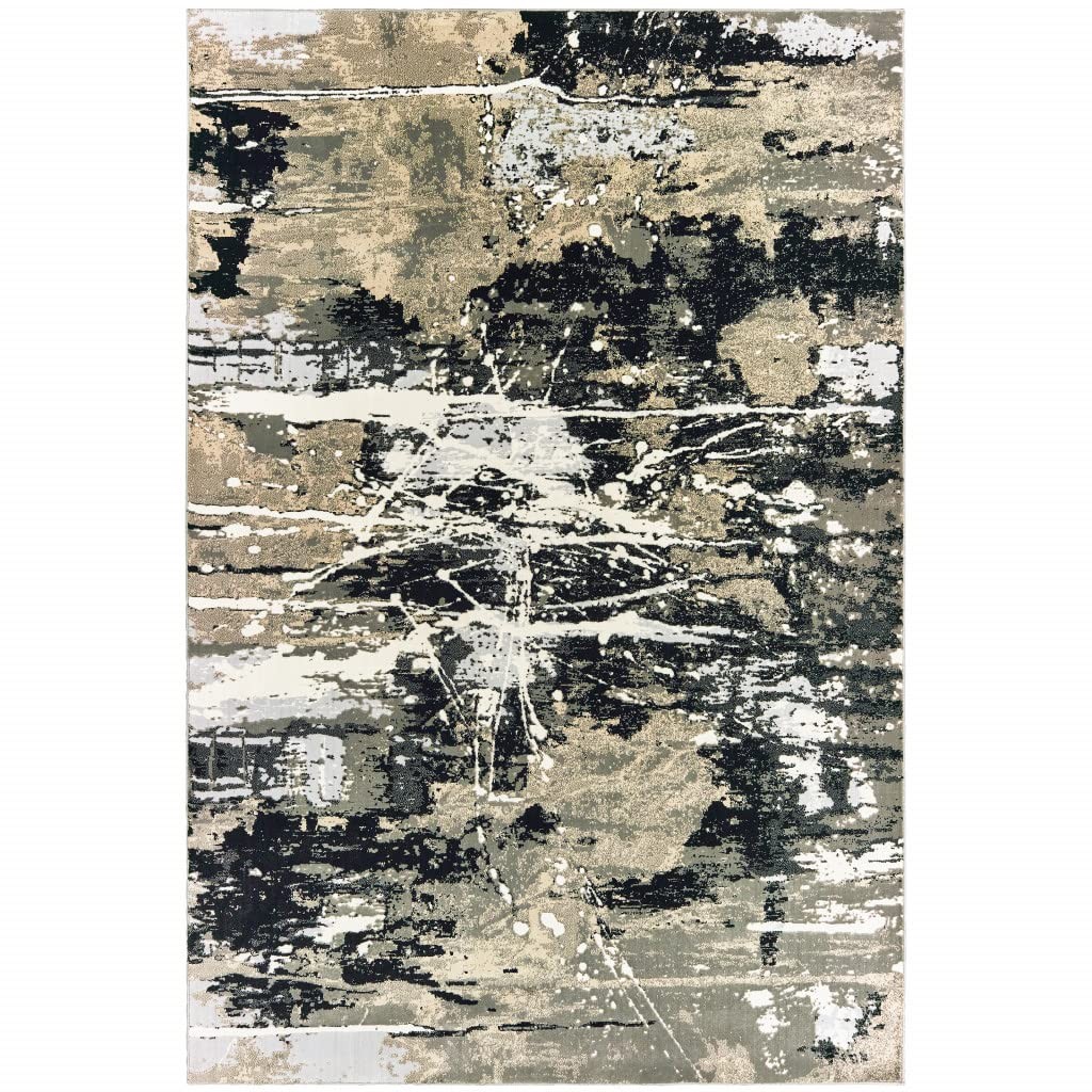 4′ X 6′ Black Gold Grey And Ivory Abstract Power Loom Stain Resistant Area Rug