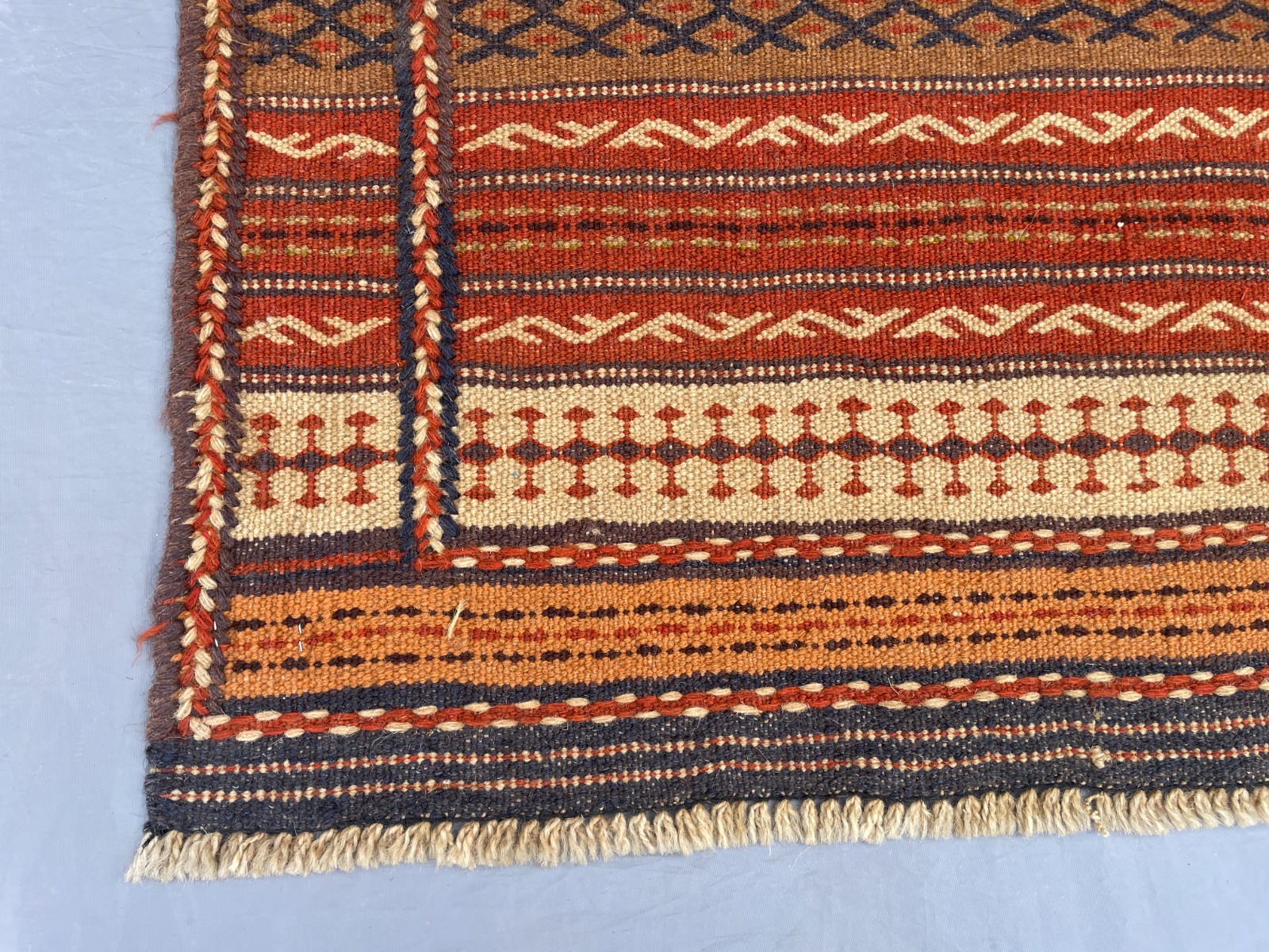 2×3 Handwoven Afghan Kilim Rug Tribal Wool Flatweave with Hooked Motifs N Stripe