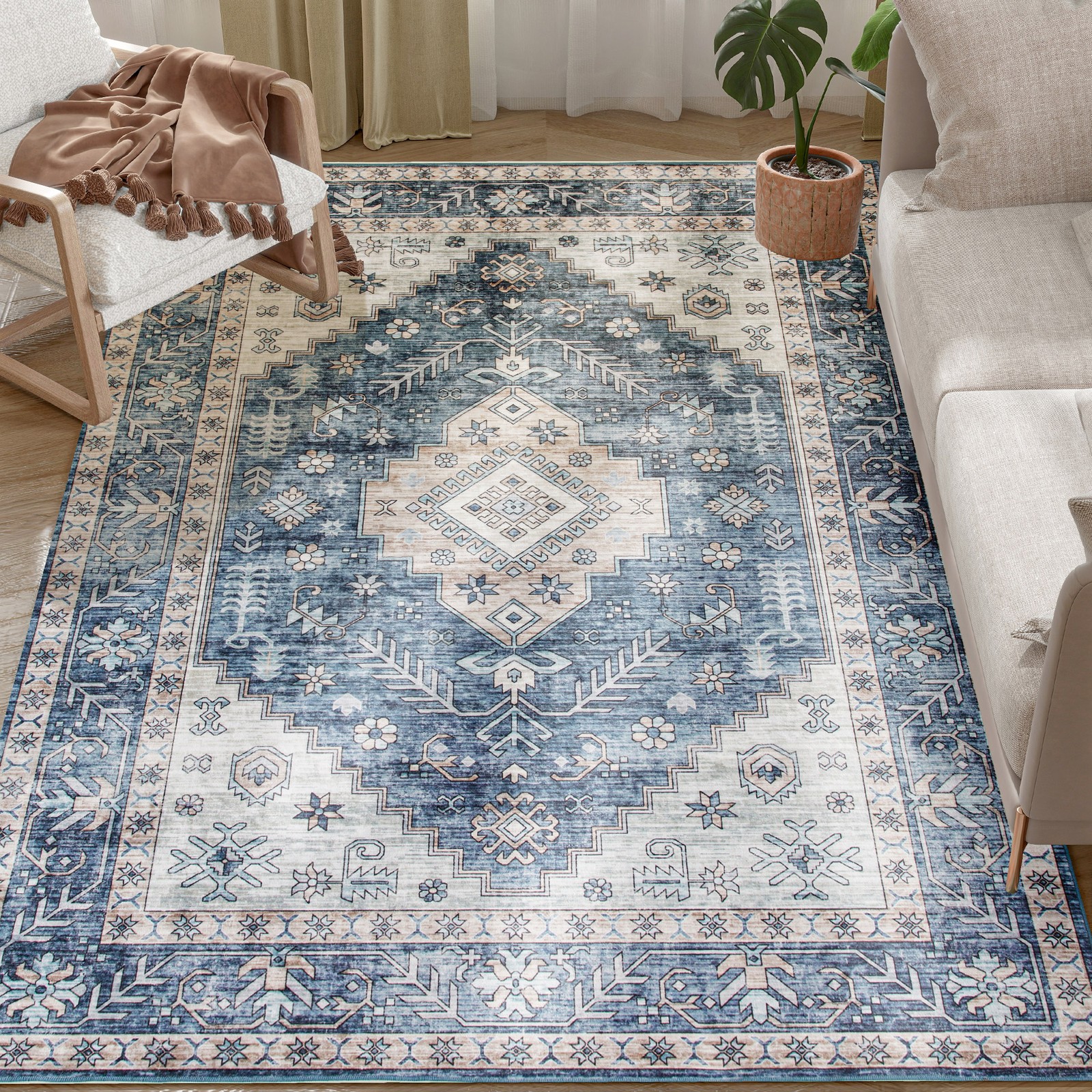 5×7 Area Rug, Vintage Machine Washable Rug for Living Room, Blue