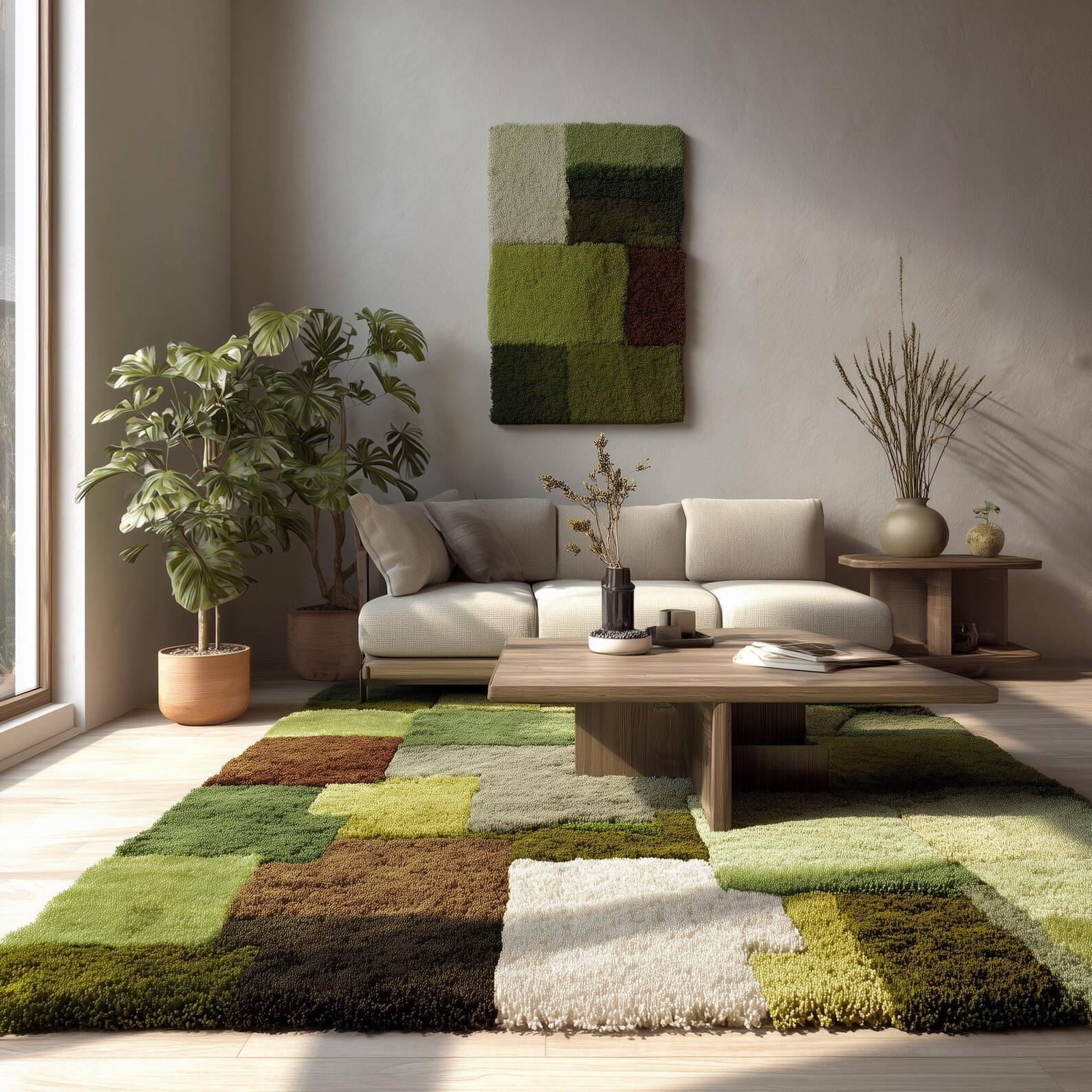 Geometric Patchwork Rug Green & Brown Tufted Earth Tone Decor