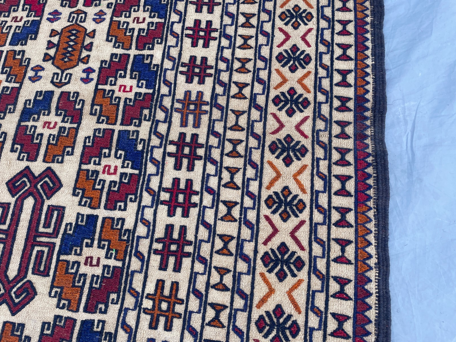 4×6 Ivory Afghan Kilim Rug with Bold Tribal Symbols and Geometric Panel Design