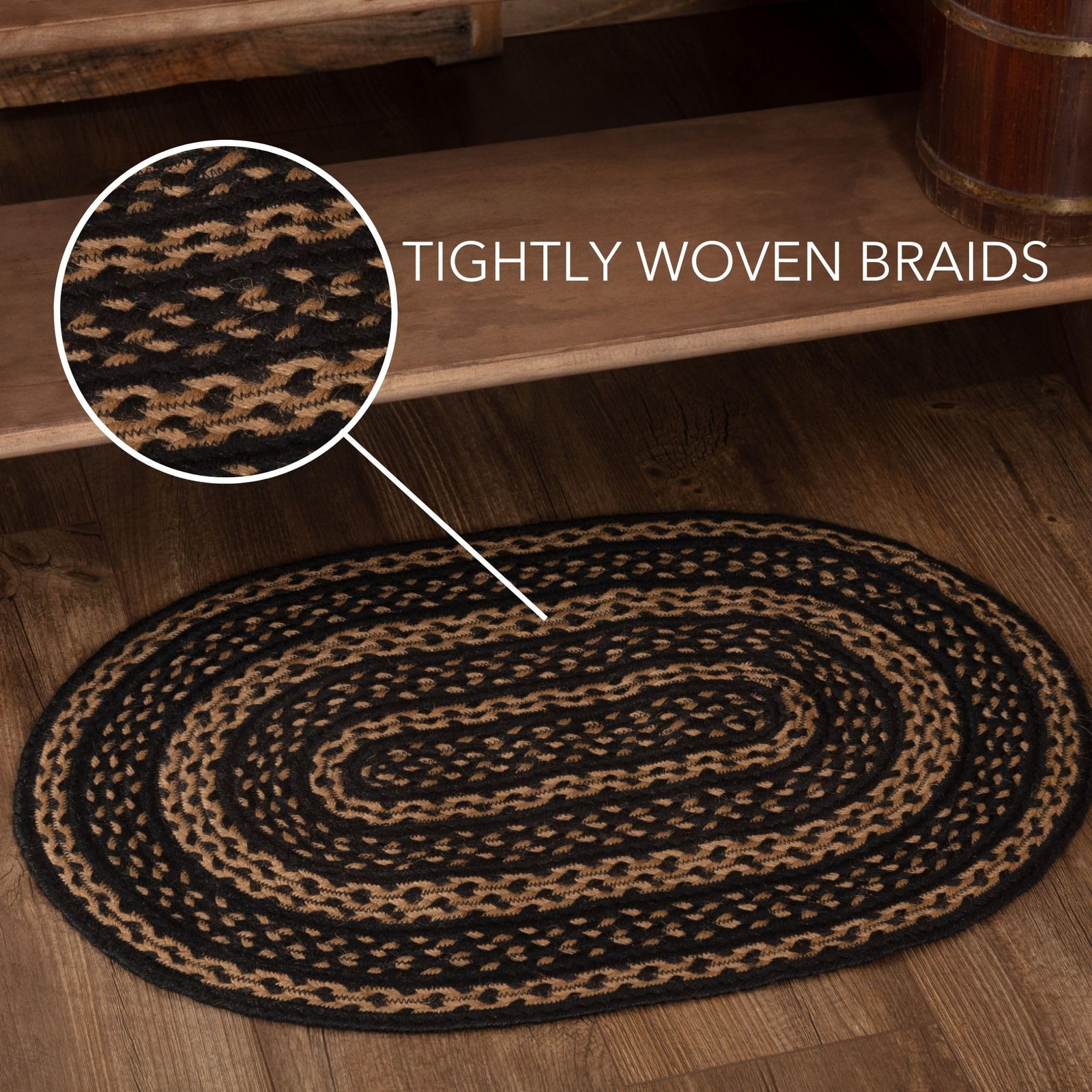 Farmhouse Primitive Jute Black Striped Accent Rug Oval w/Floor Pad 20×30
