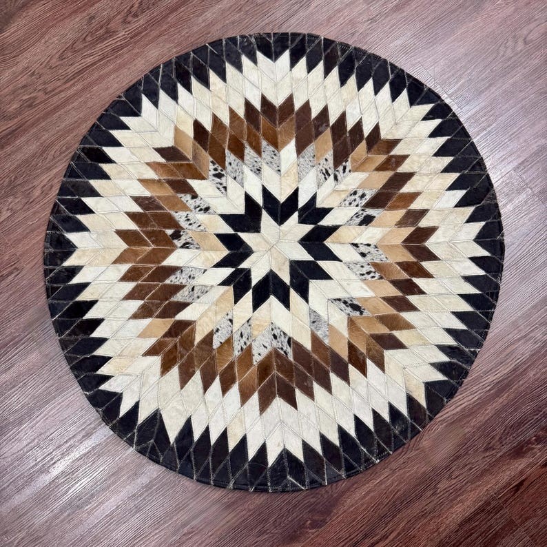 Round Cowhide Patchwork Rug Handmade Hair On Leather Western Area Rug Rustic