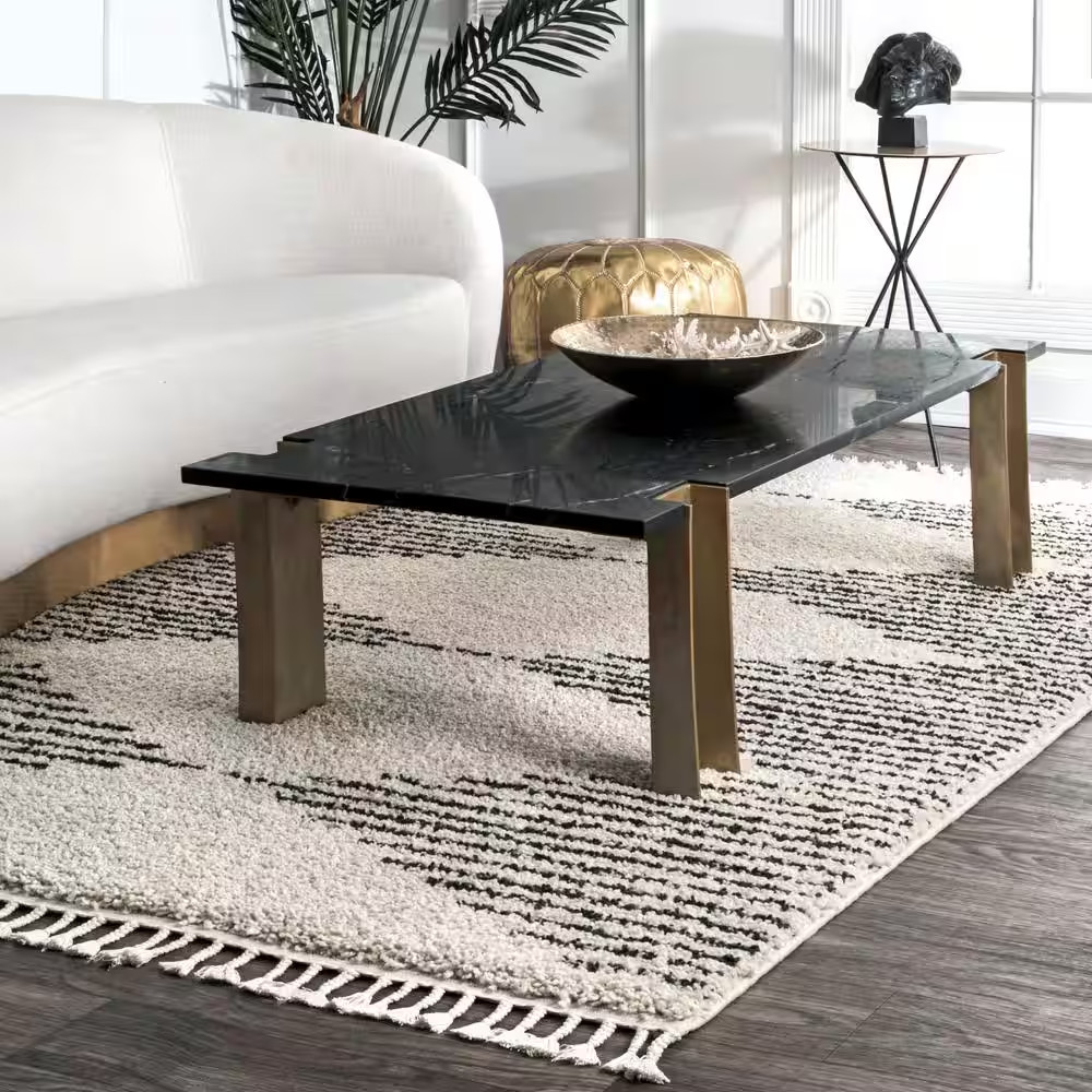 Bria Moroccan Diamond Shag Off-White Doormat 2 Ft. X 3 Ft. Area Rug