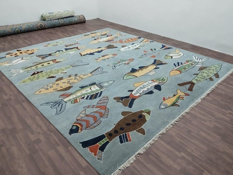 Hand-Knotted Blue Rug with Colorful Fish Coastal Beach House Decor Nautica Rug.