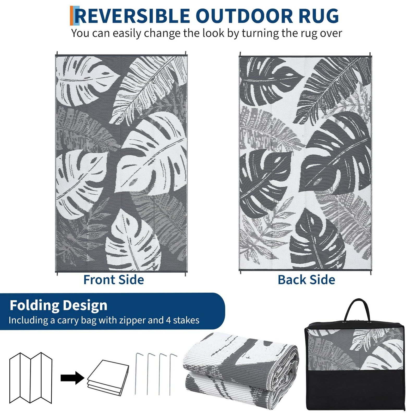 GAOMON 9×18 Grey White Leaf Patio Rug