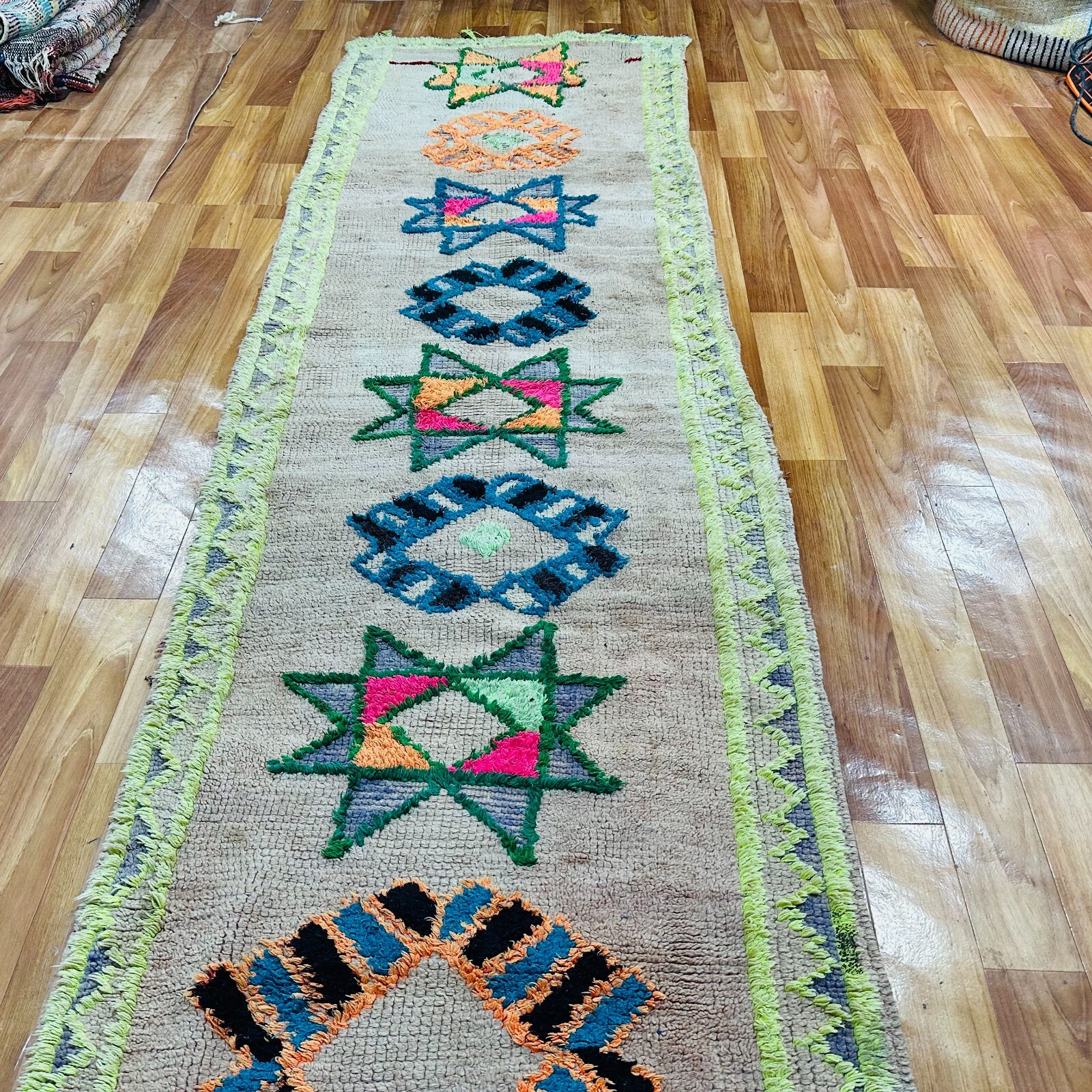 Bohemian Moroccan Shag Runner 32×126 in – Handmade Wool – Star Design Neon Accen