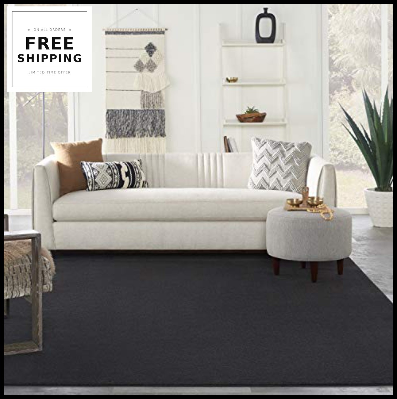 Area Rug 7 ft x 10 ft Black Low Pile Polypropylene Easy Clean Non Shedding for
