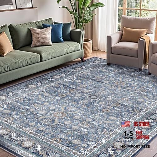 Vintage Blue Area Rugs 5×7, 5 x 7 Retro Washable Rug Non Slip, Low-Pile Faux
