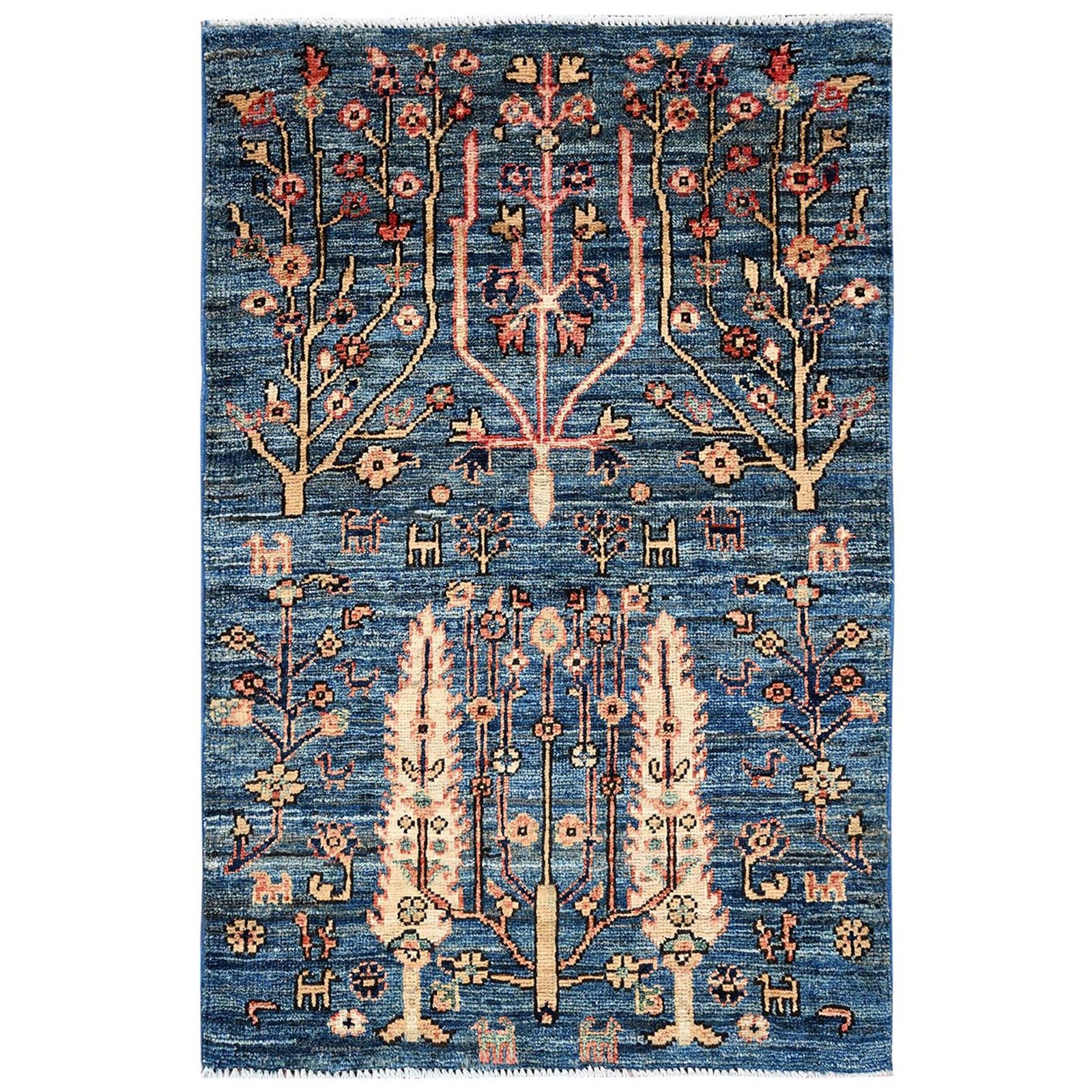 2’2″x3’3″ Blue Tree Design with Animal Figurines Wool Hand Knotted Mat Rug 2387