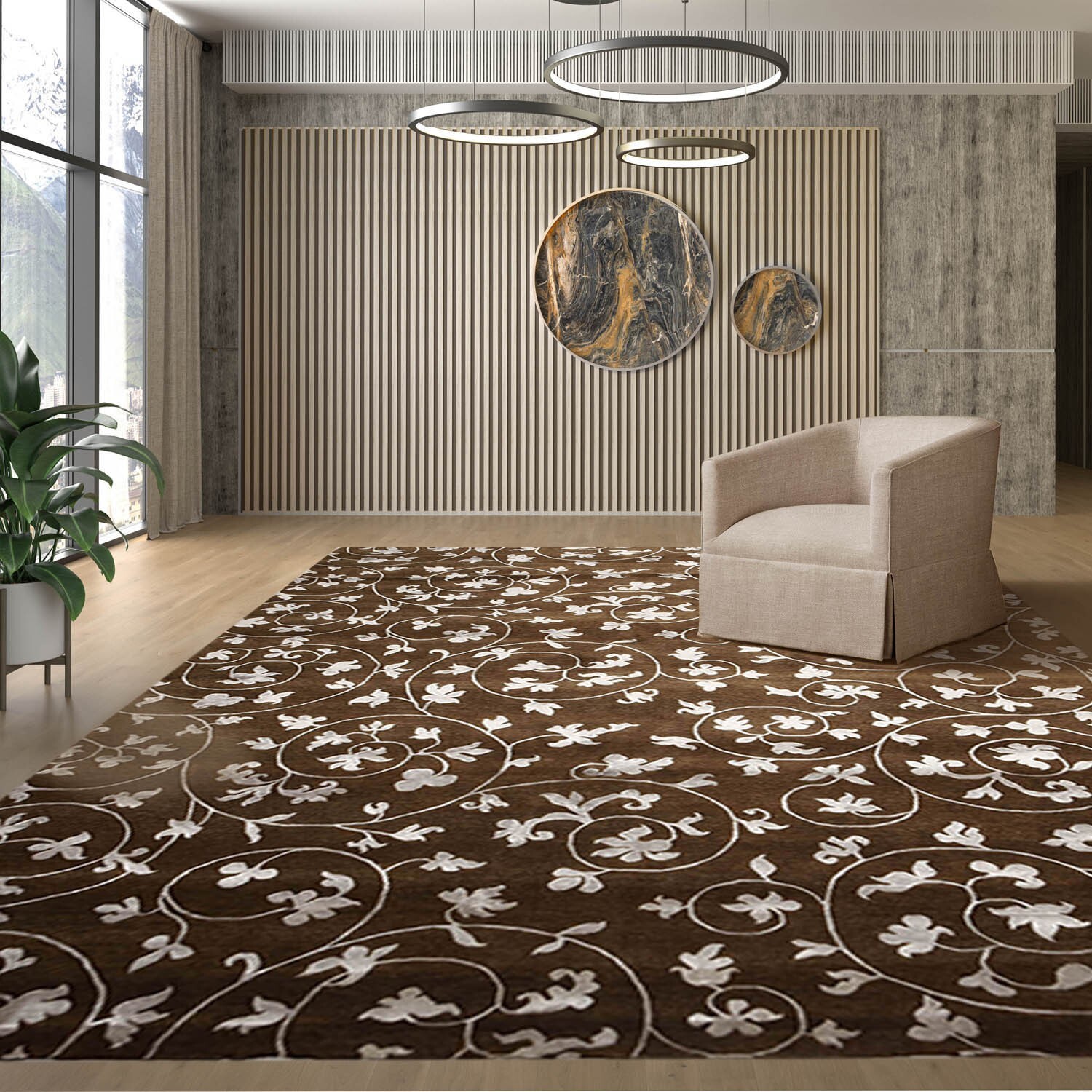 8′ x 11′ Hand Knotted Wool & Bamboo Silk Oriental Area rug Transitional Tobacco