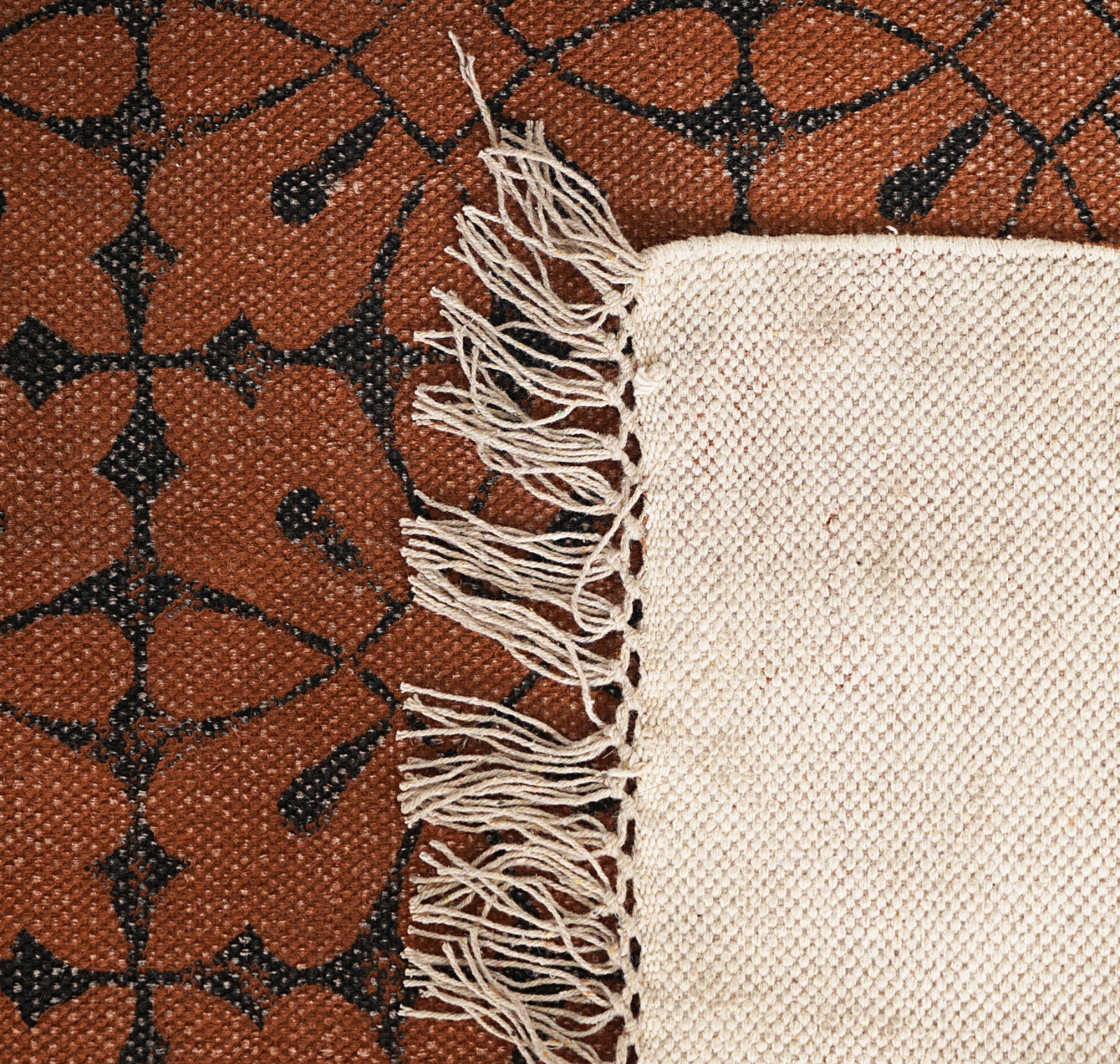 Dark Brown & Black Handmade Floral Design Rugs India Hand Block Printed Rugs