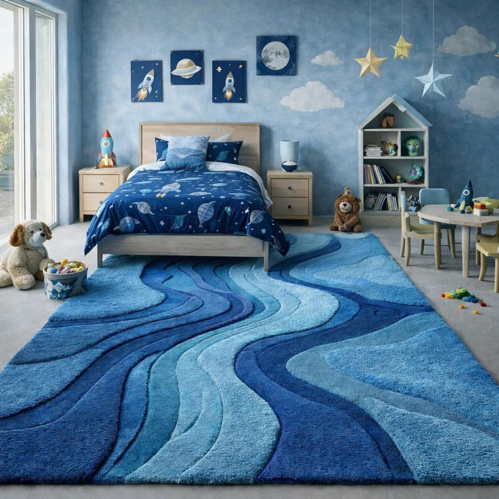 Hand Tufted New Zealand Wool Blue Wave Abstract Rug – Modern Luxury Room Carpet