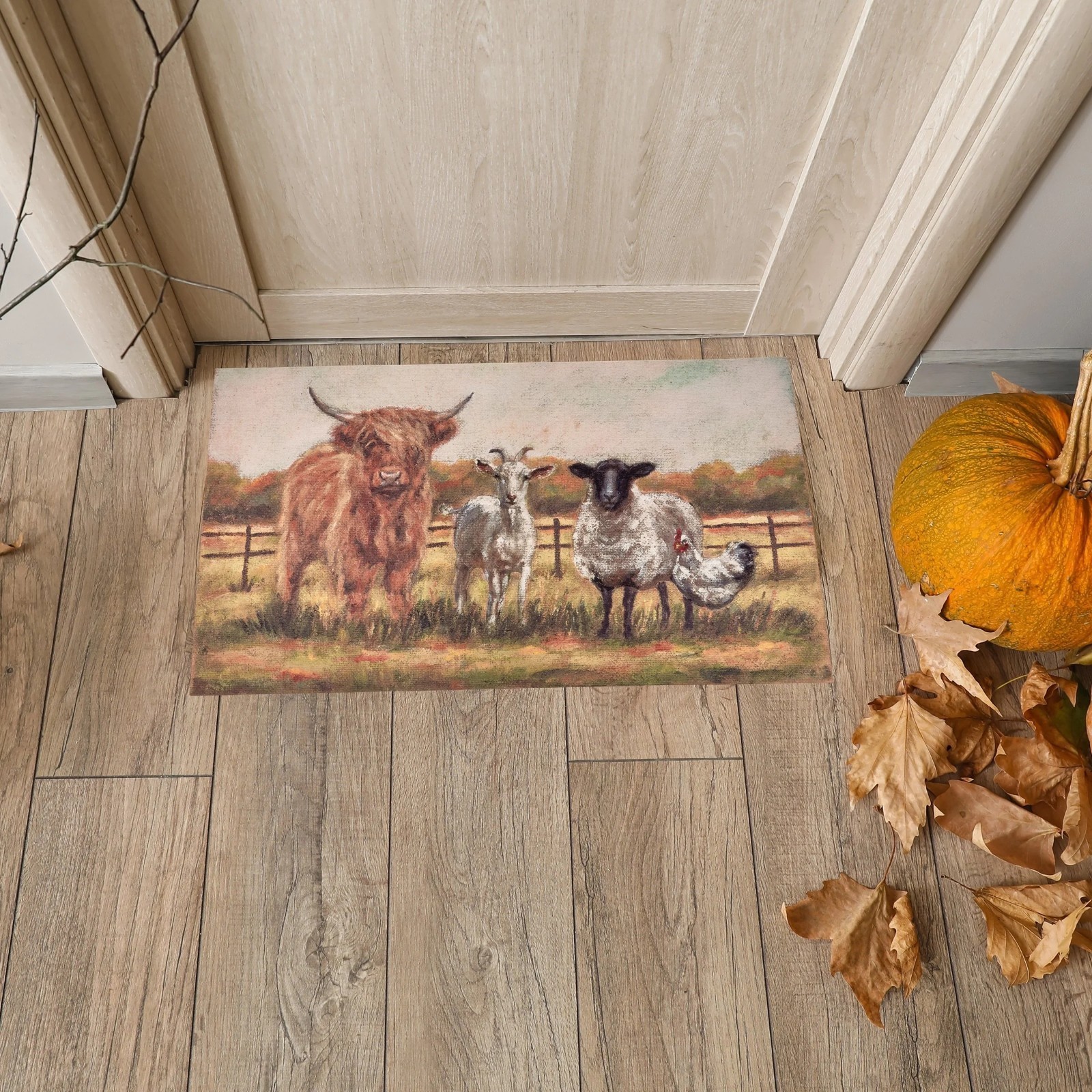 Fall Farm Family Indoor or Outdoor Rug 34″ x 20″ Highland Cow, Goat, Lamb NWT