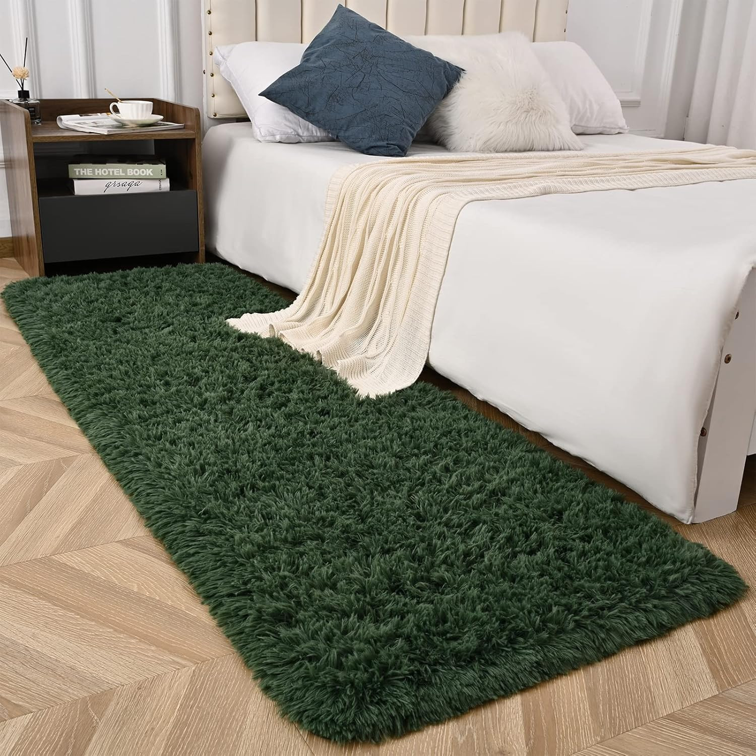 Deep Green Runner Area Rugs for Bedroom Living Room, 2X4 Feet Fluffy Bedside Rug
