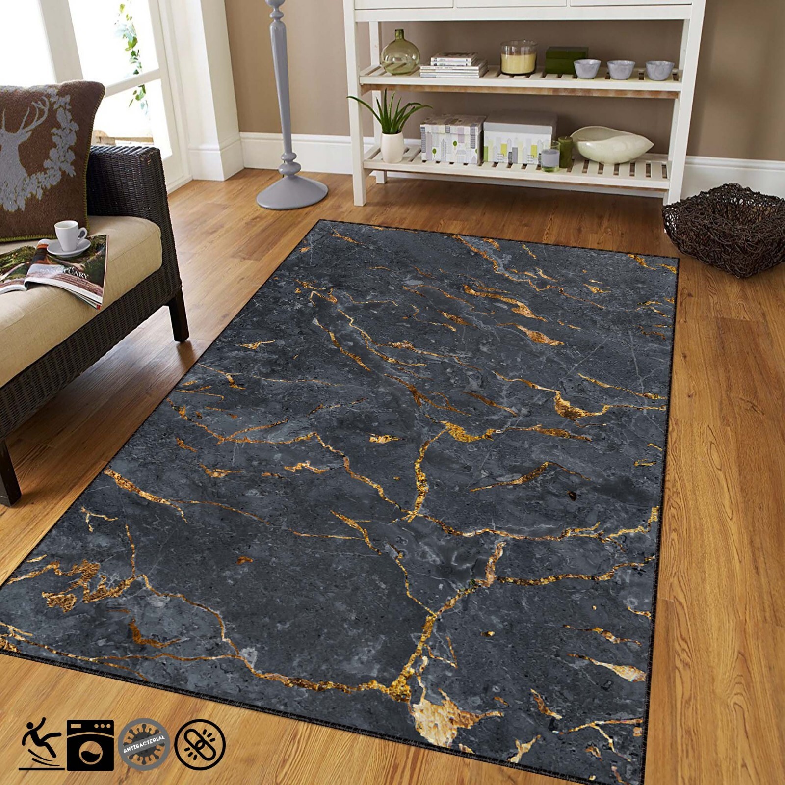 Marble Rug, Black Gold Rug, Luxury Carpet, Modern Floor Art, Elegant Decor Rug