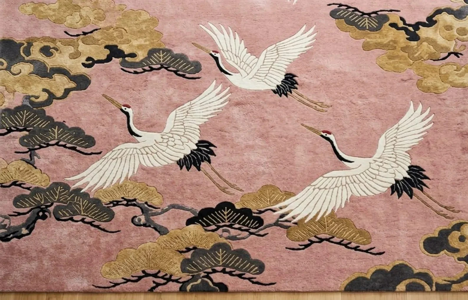 Hand-Tufted Wool Crane Rug – Pink Gold Chinoiserie Oriental Bird Floor Decor Rug