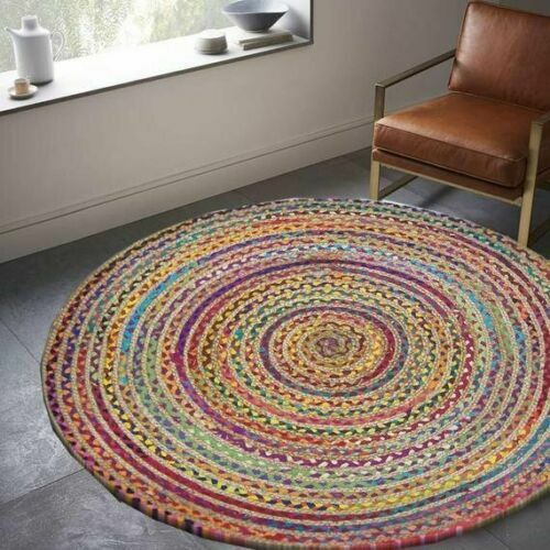 Rug Natural Jute & Cotton Handmade Round Decor Living Rug Reversible Braided