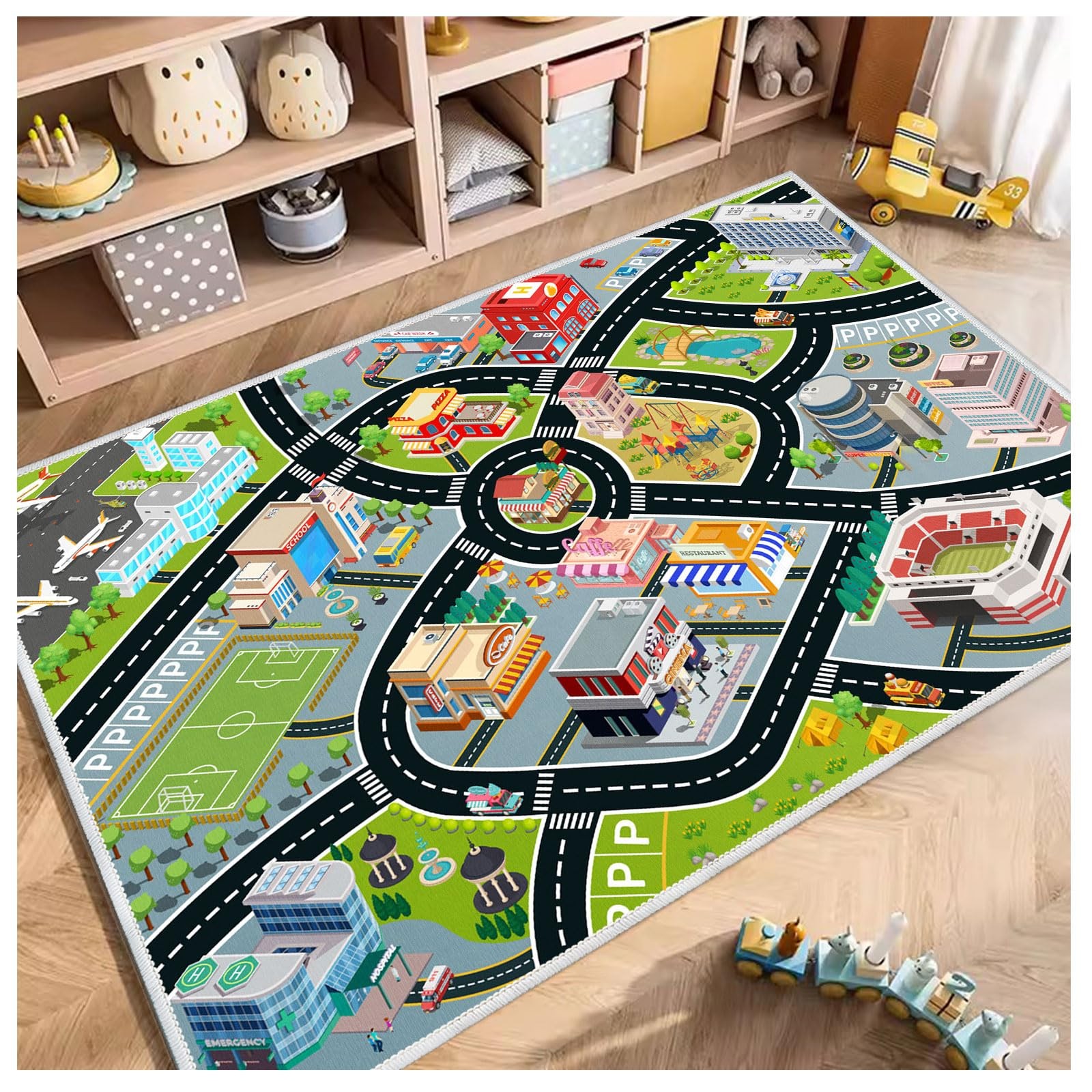 Kids Play Mat City Traffic Rug NonSlip Backing Toy Cars Trains 3.3×4.9ft