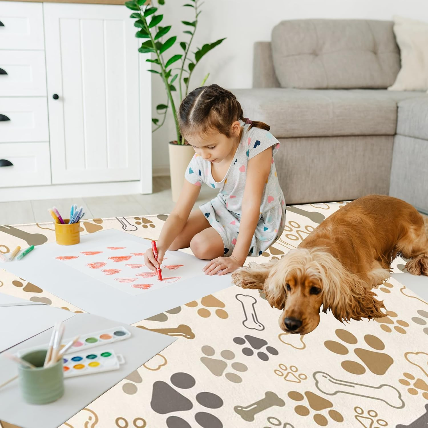 Washable 5×7 Paw Print Area Rug for Living Room & Nursery Decor