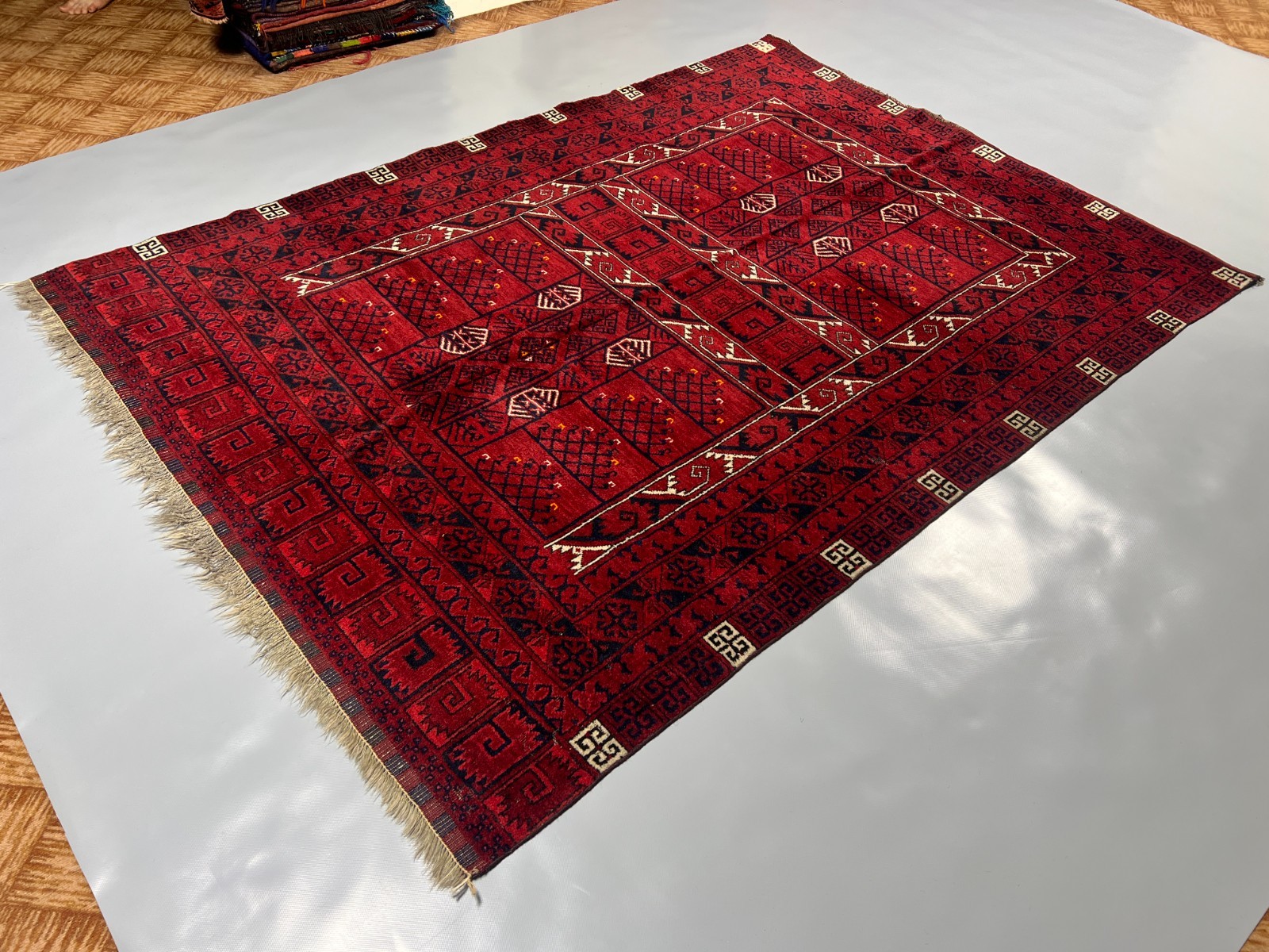 5×7 Turkoman Rug Hand-Knotted Afghan Wool Carpet with Tribal Compartment Design