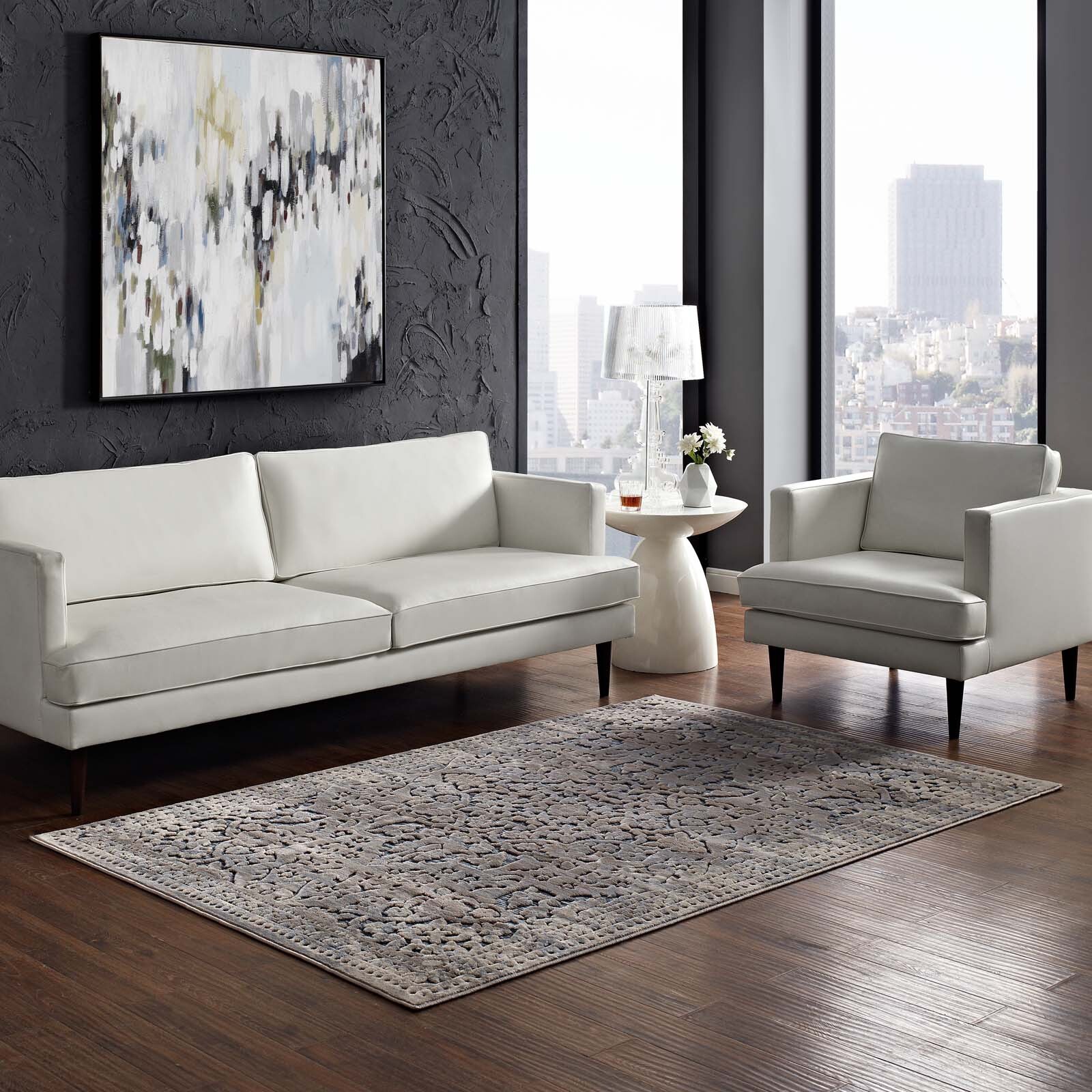 Modway Margarida Distressed Vintage Turkish 8×10 Area Rug in Blue and Cream
