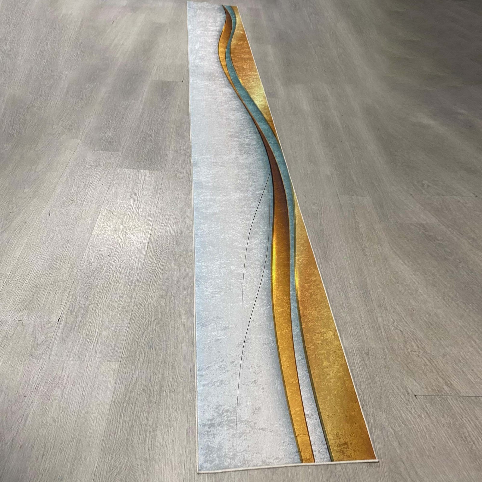 Modern Hall Runner, Gold Line Rug, Abstract Carpet, Luxury Runner