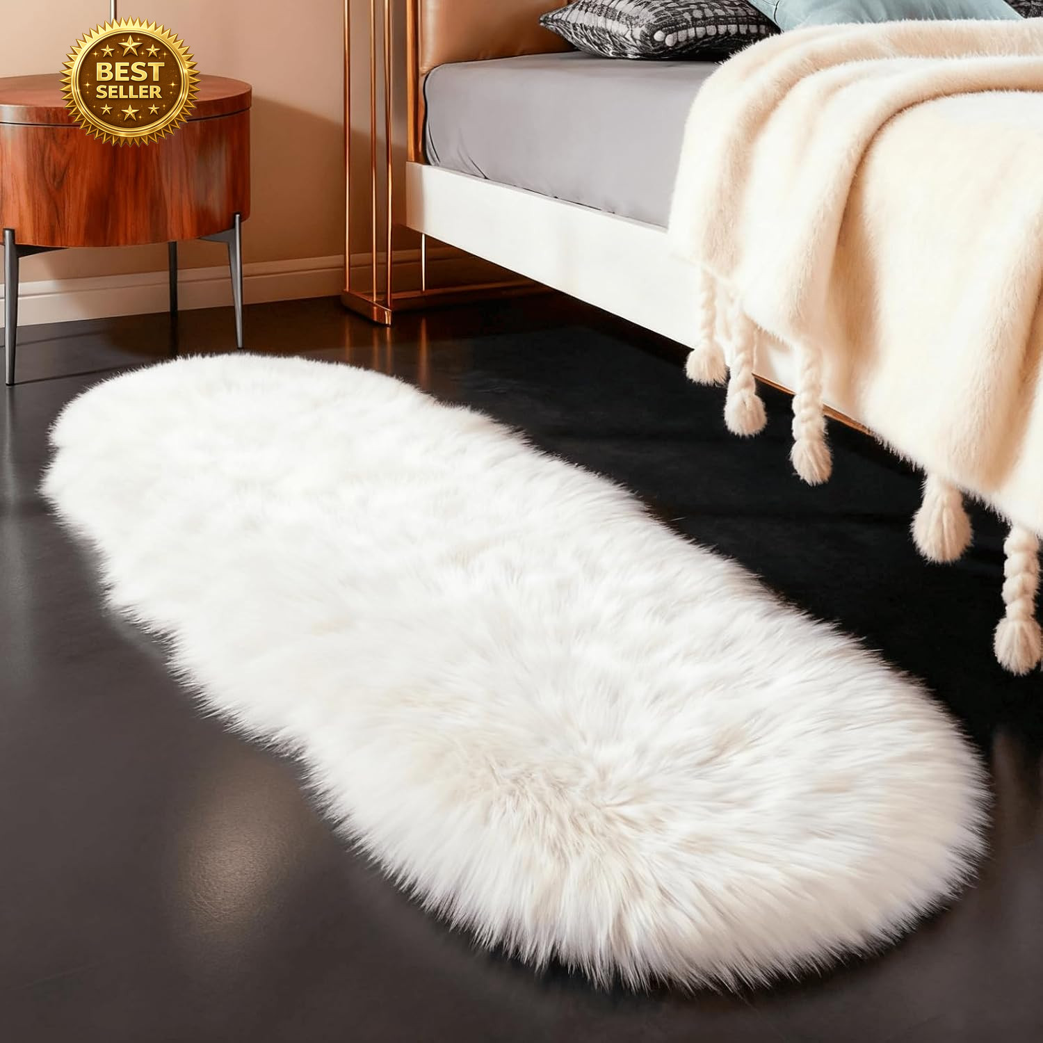 Faux Fur Sheepskin Fluffy Shag Fuzzy Rug, White, 2X6 Ft Runner | High-Density Cu