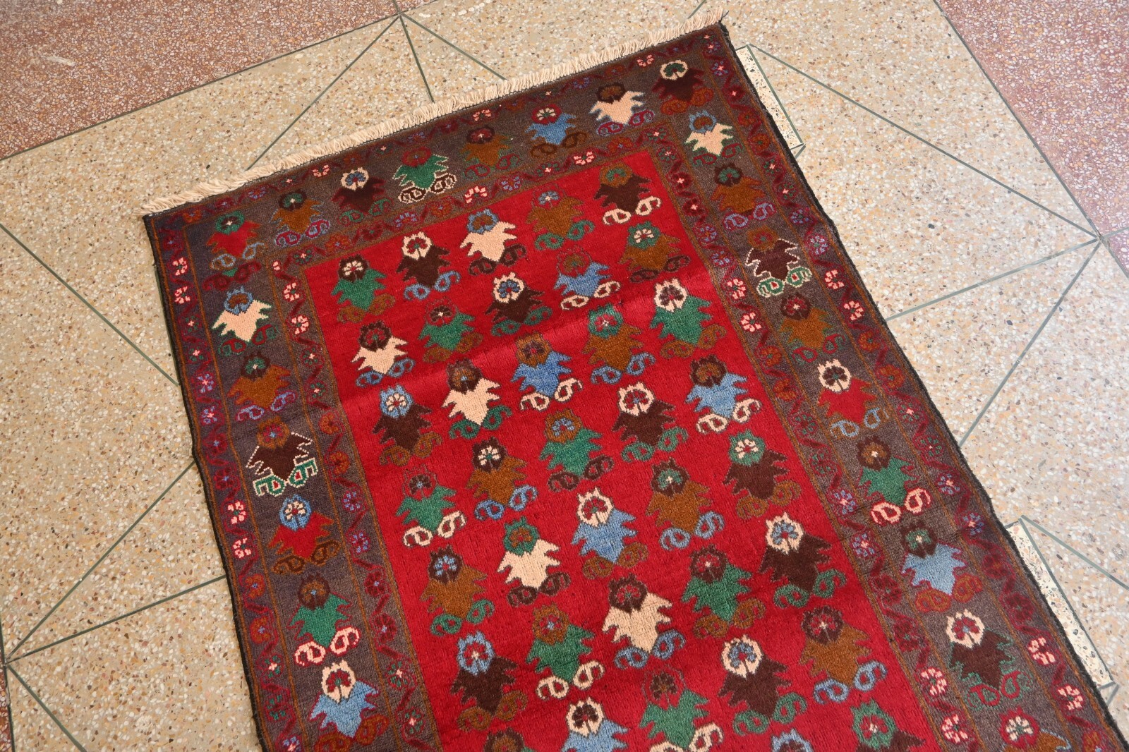 Hand-knotted Red Tribal Oriental Vintage Rug. Traditional Geometric 6’5×3’8 ft