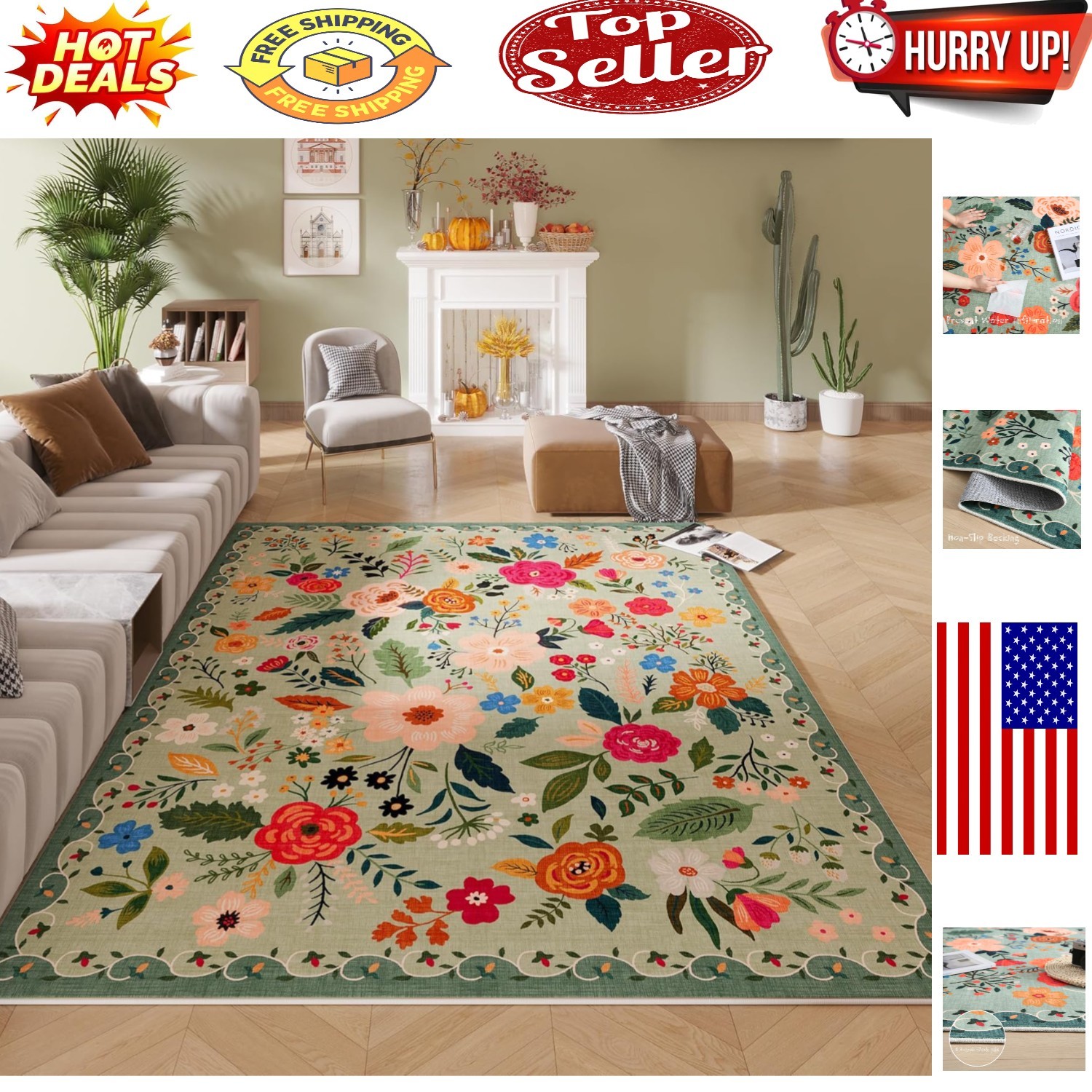 Eco-Friendly Washable Boho Floral Area Rug