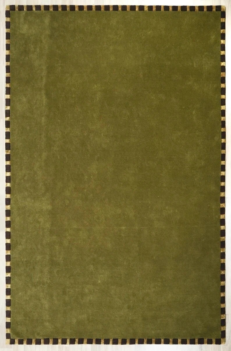 Hand Tufted Olive Green Wool Area Rug Modern Striped Border Handmade Rug 9×12