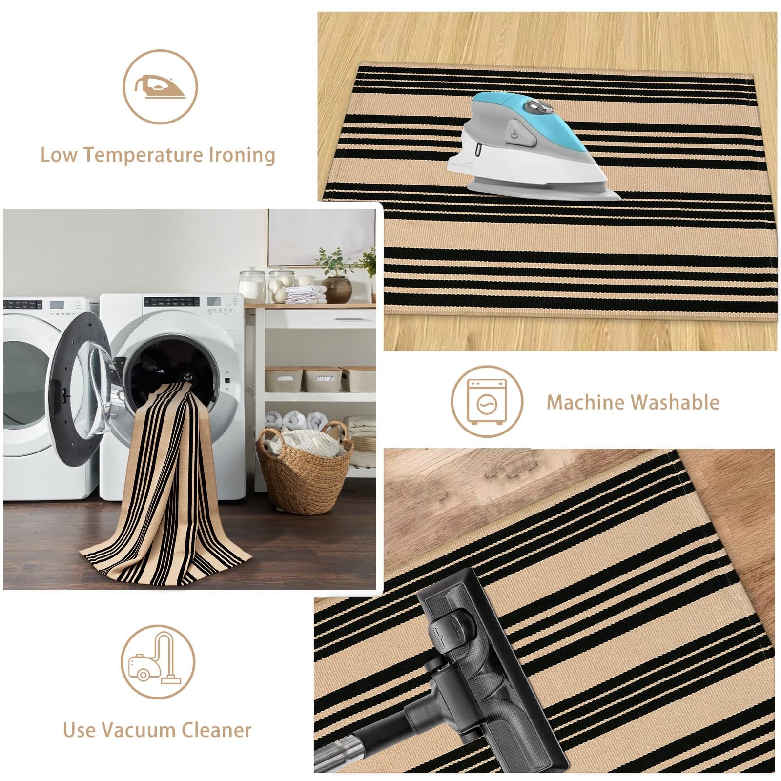Black and Khaki Striped Rugs 2.3’x3.6′, Washable Hand Woven Front Door Rug, R…