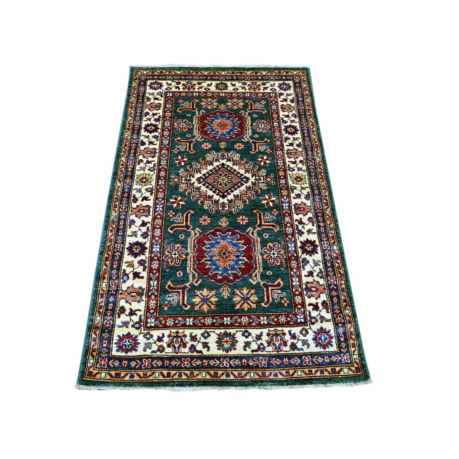 3’1″x5’1″ Green Afghan Super Kazak Medallions Design Hand Knotted Wool Rug 21472