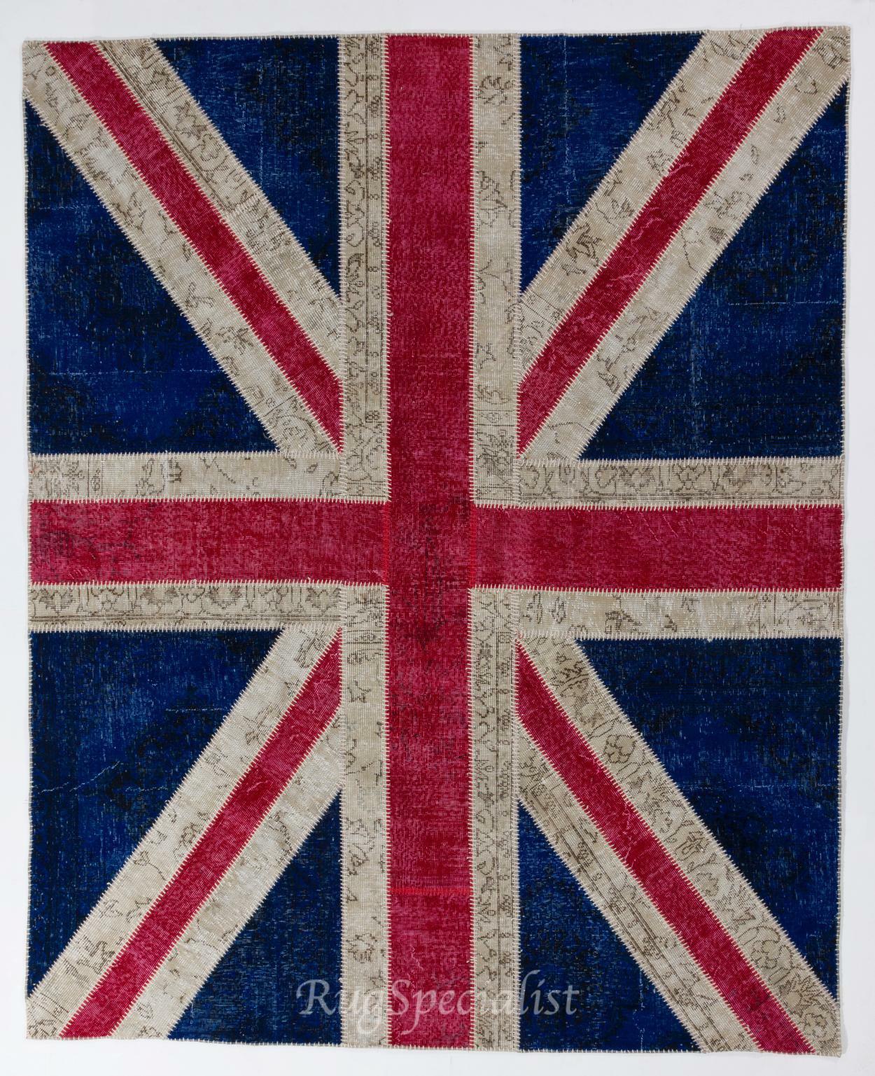 Union Jack British Flag Design Patchwork Rug Made from Re-Dyed Vintage Carpets