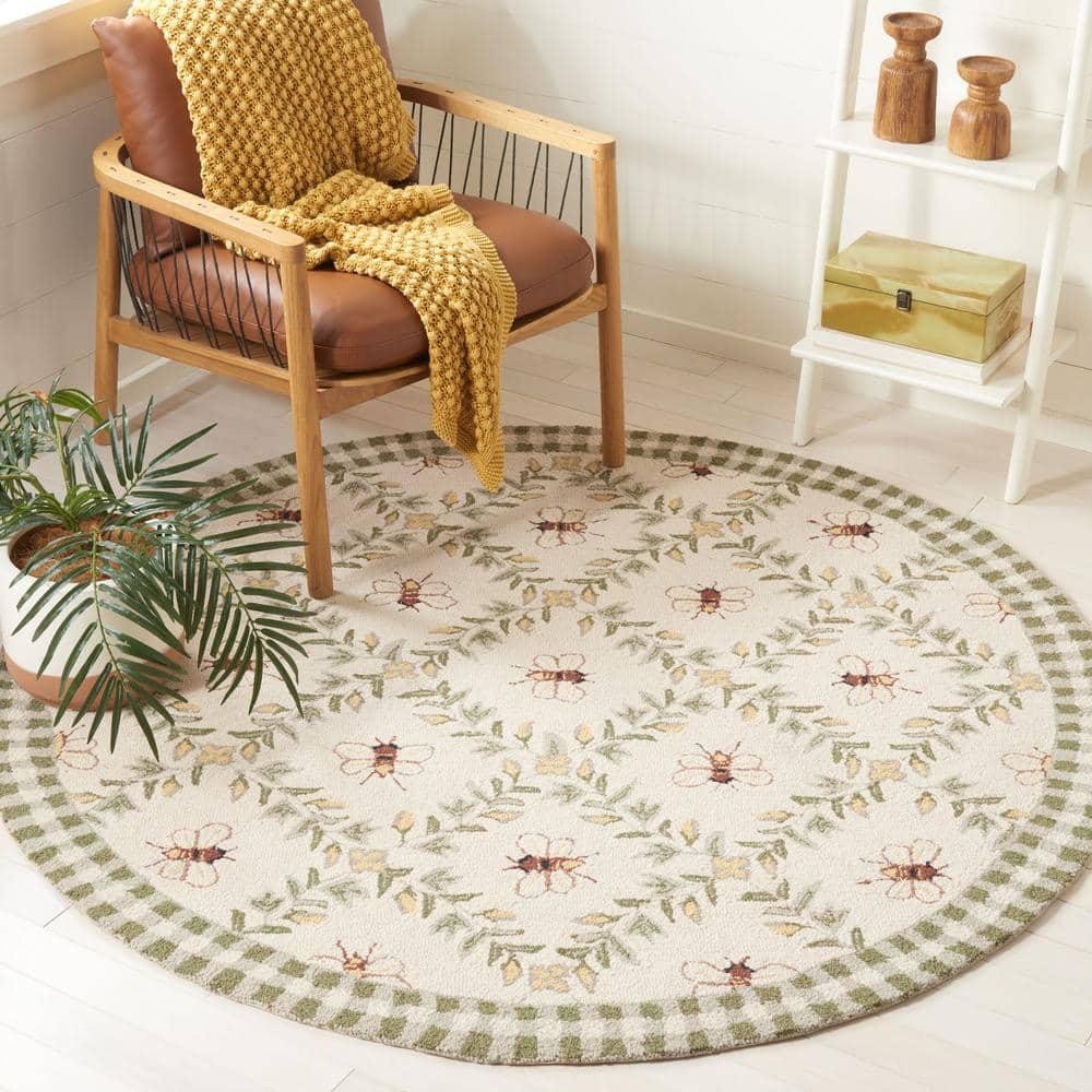 SAFAVIEH Round Border Area Rug Ivory/Green Wool Bee Floral Design 3 ft. x 3 ft.