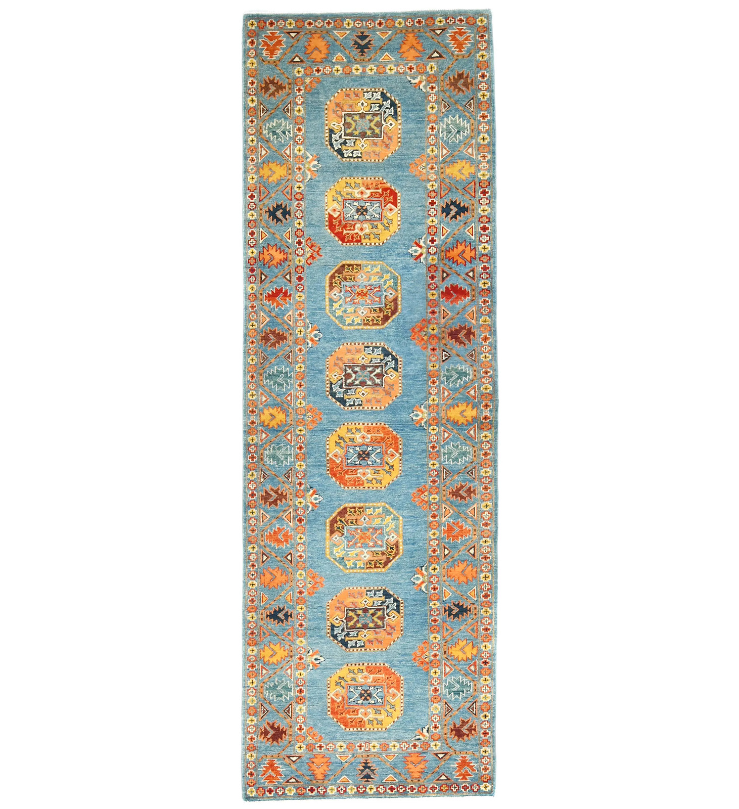 Hand-Knotted Kazak Runner Rug 2’11X9’2 ft Geometric Tribal Oriental Carpet