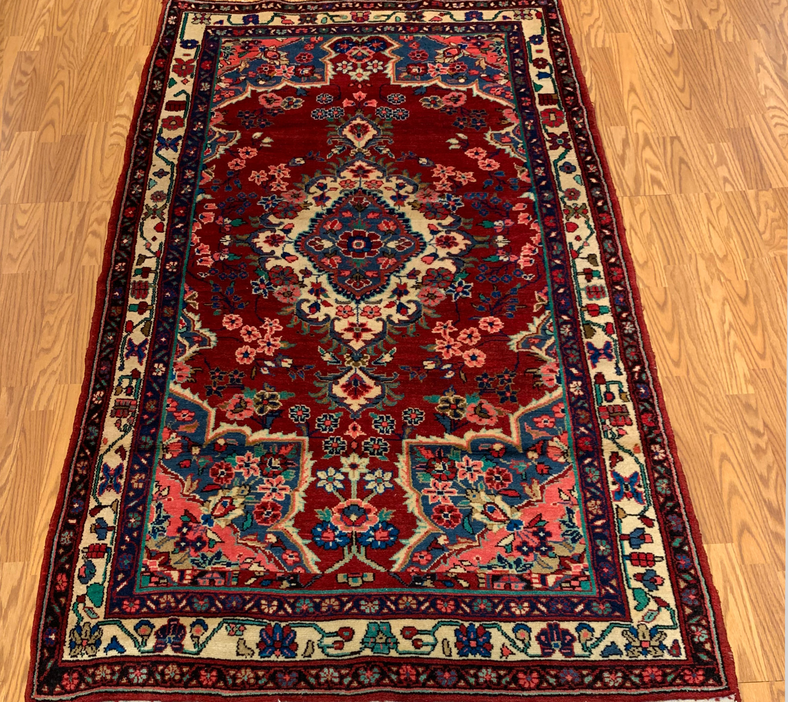 4.2 x 6.9 ft Vintage Tribal Floral Red 100% Wool Vegetable Dye Rug