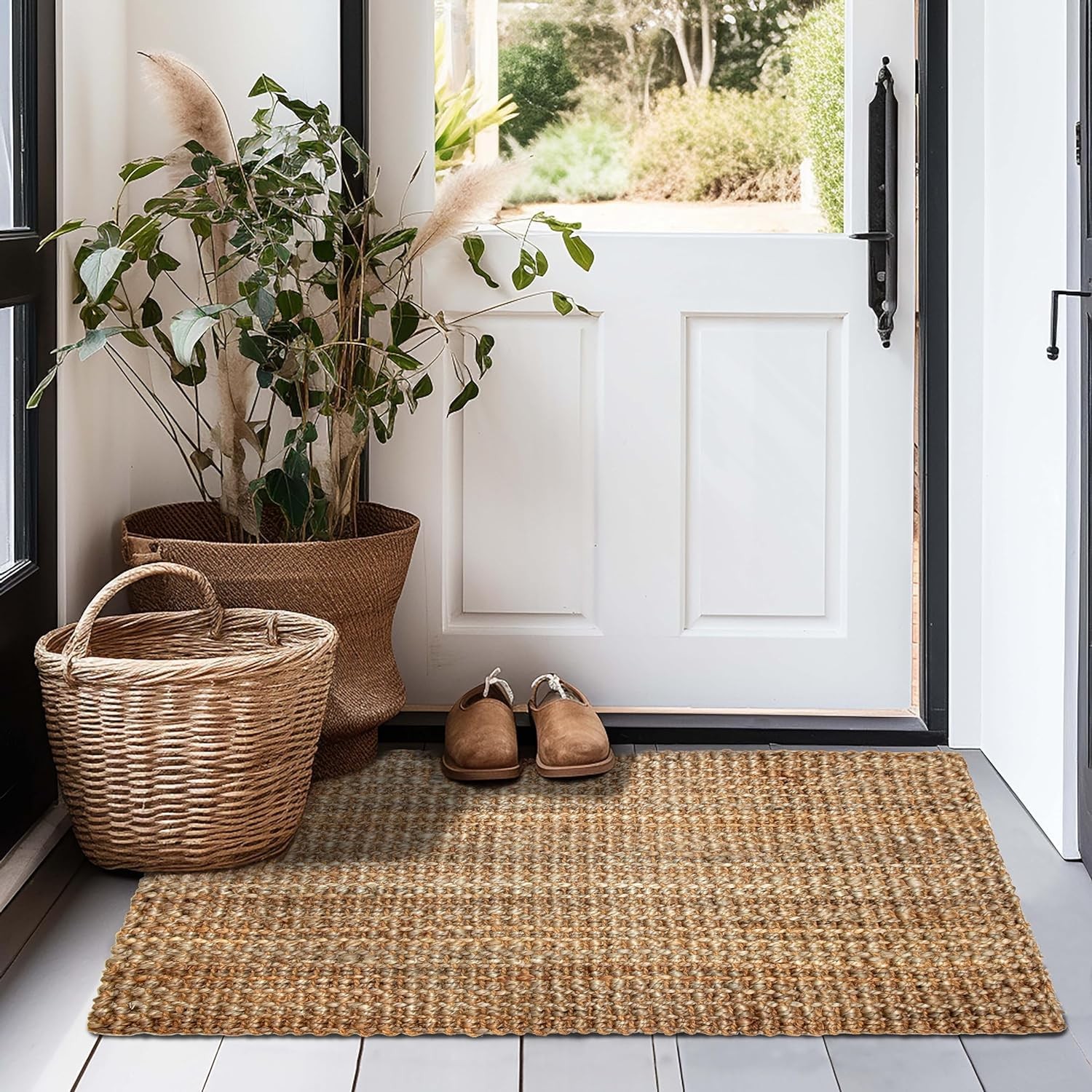 Handwoven Jute Area Rug 4×6 Tan Beige Farmhouse
