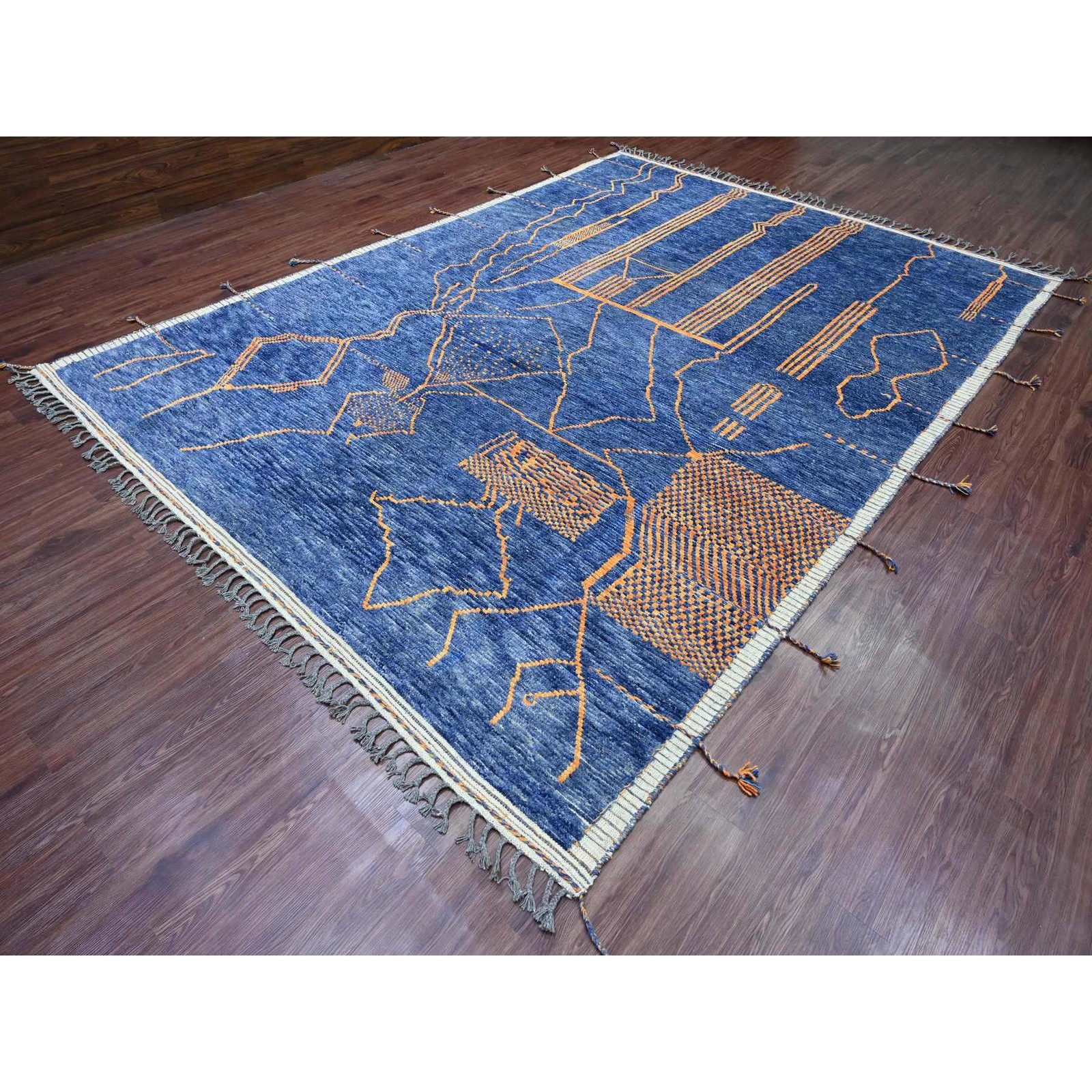 9’x12’5″ Blue Moroccan Weave Arts and Crafts Design Hand Knotted Wool Rug R20418