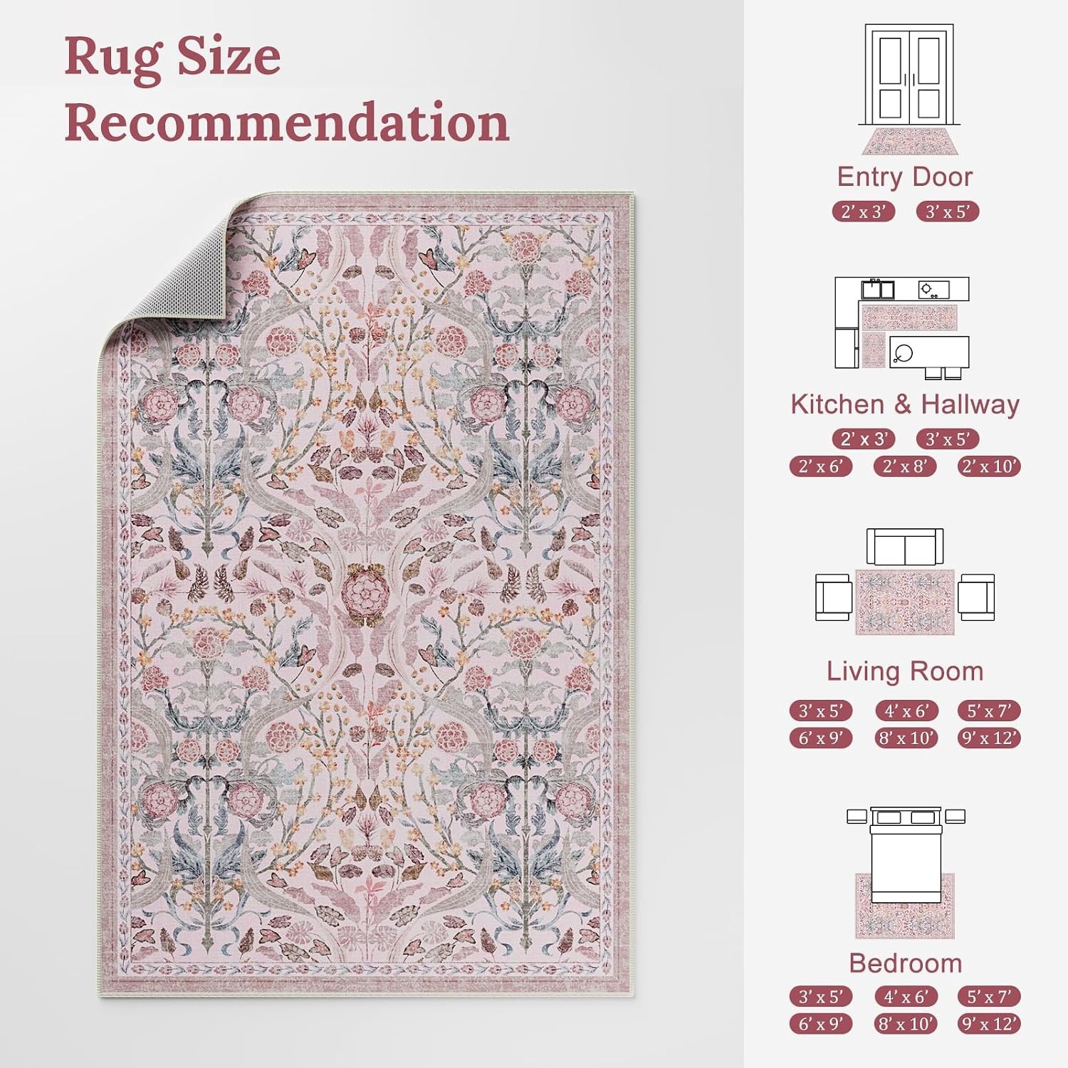 Pale Pink Rug for Girls Room, 5×7 Floral Washable Area Rug Non Slip, Boho Low…