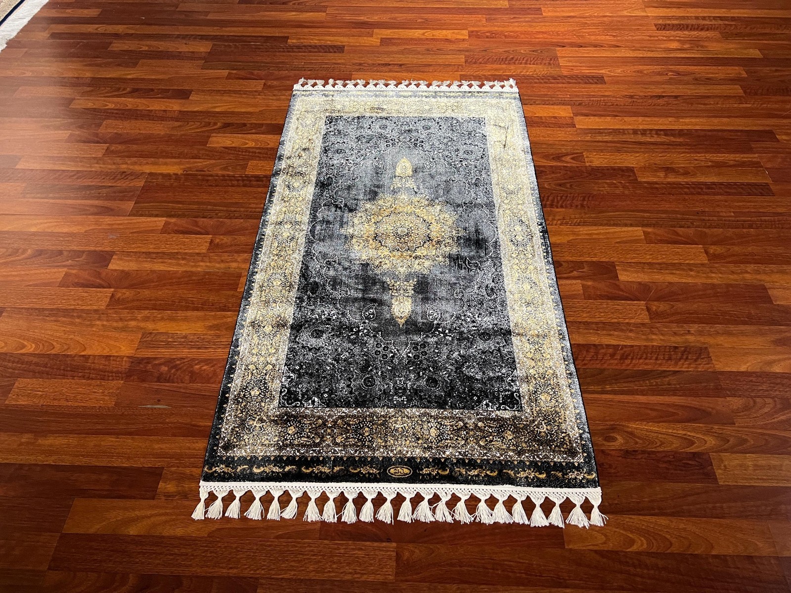 2×3 ft Small Black Silk Rug, Gold Medallion Design Tapestry, Wall Decor Silk Mat