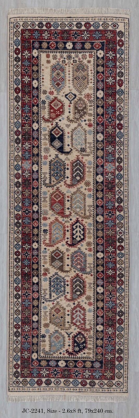 2.6×8 Runner Ivory Red Tribal Senneh Hand Knotted Premium Quality Wool Rug