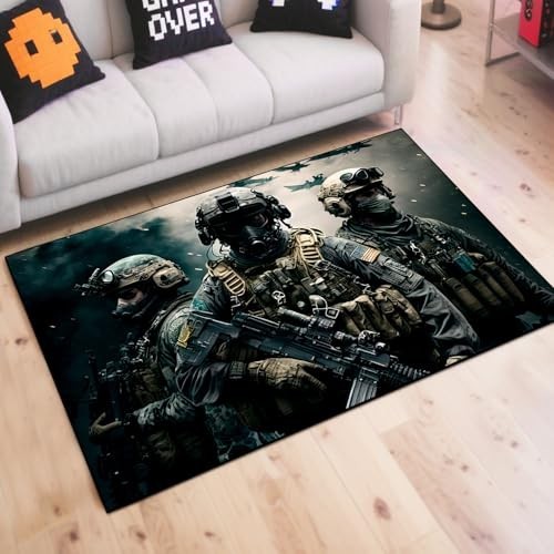 Shooting Game Area Rug 60×40 Inch Non-Slip Battle Field Carpet for Boys Bedroom