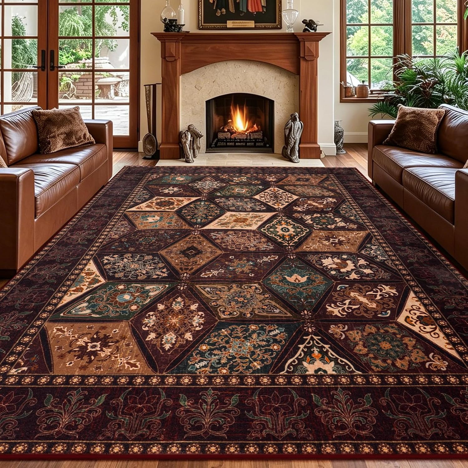 Vintage Rug 6X9, Washable Distressed Patchwork Rug for Living Room, Brown | Eleg