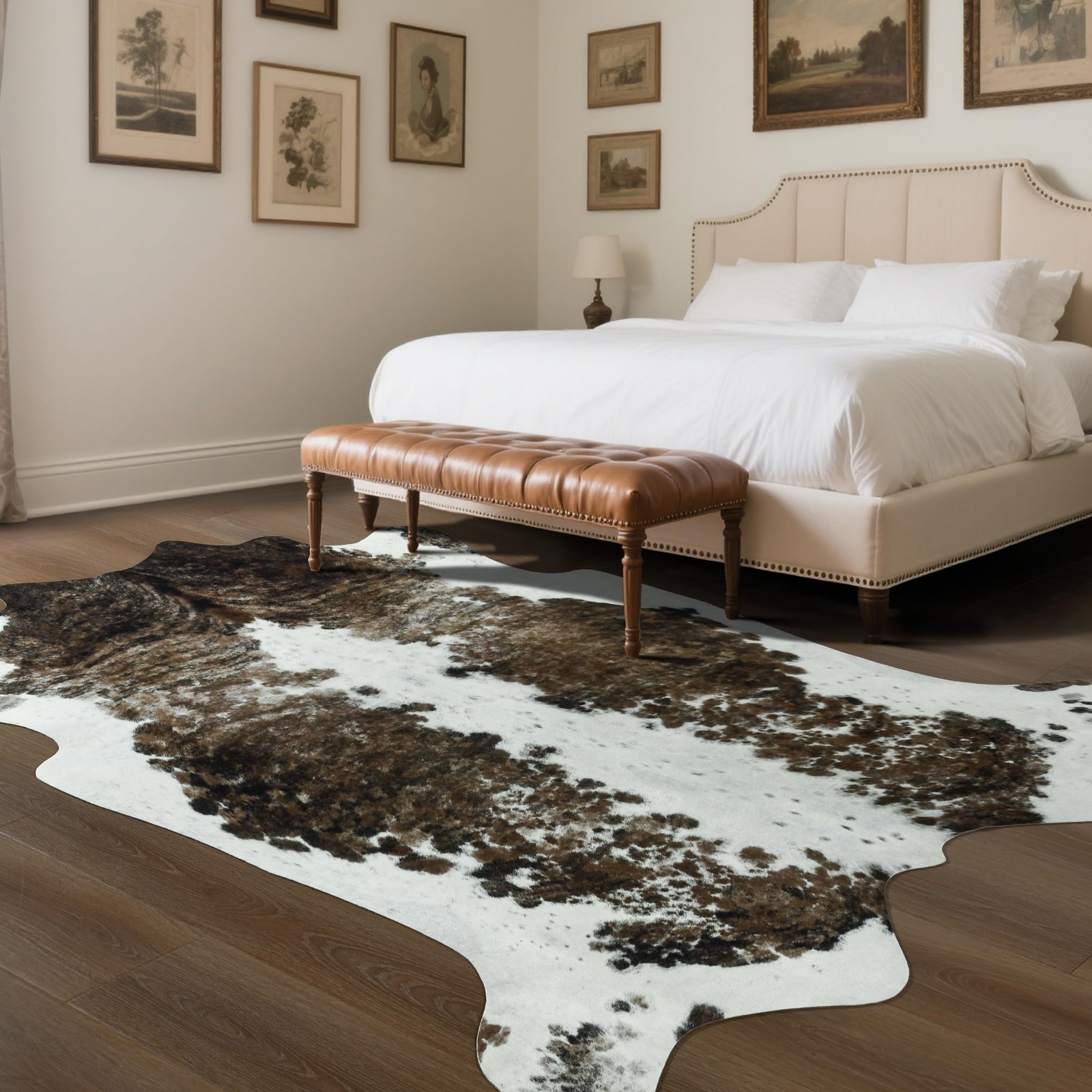 SUNYIWEI Faux Cowhide Rug 4.6×5.2 ft Living Room Bedroom Wall Non-Slip Camel Whi
