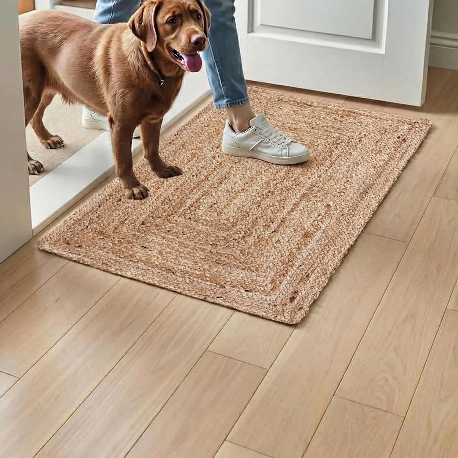 Handmade Reversible Jute Rug 2’x3′ – Aqua Blue Plaid for Coastal & Farmhouse