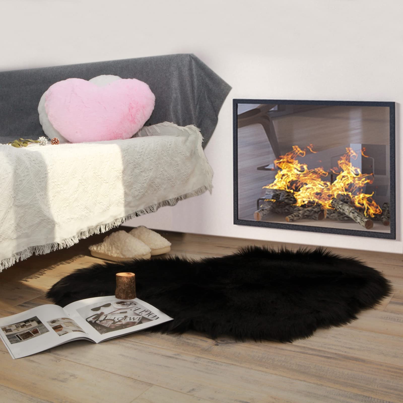 Heart Rug, Black Heart Shaped Rug, Fluffy Faux Fur Rugs, Shag Mats for Bedroo…
