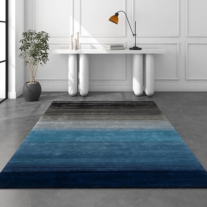 Hand Tufted Rugs Blue Solid Wool and Viscose Carpet Area Rug Rectangle bedroom