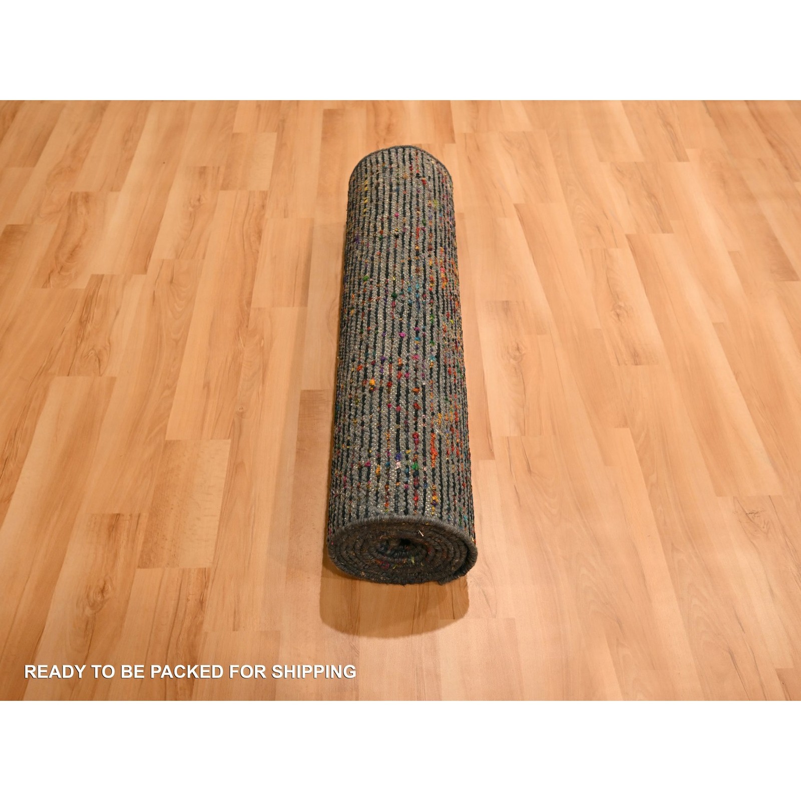 2’6″ x 11′ Black Sari Silk and Wool Striae Design Hand Knotted Runner Rug R76206