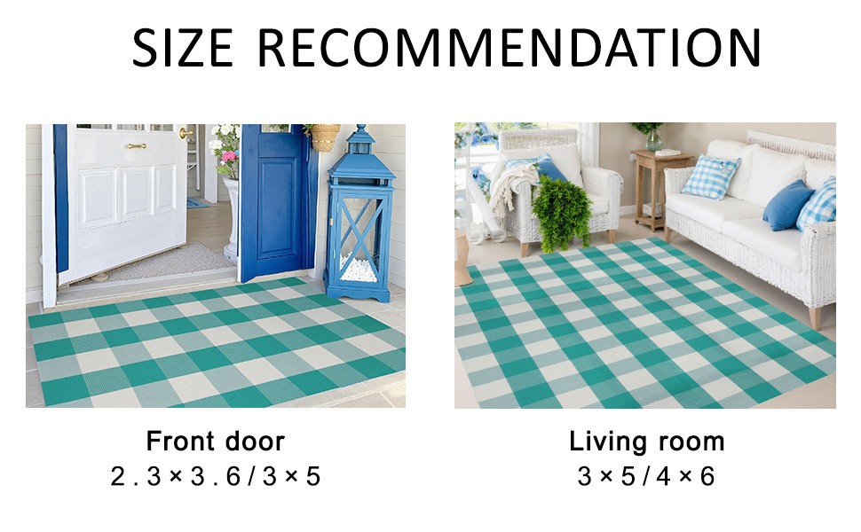 Buffalo Plaid Outdoor Rug 27.5″ x 43″ Teal Green and White Checkered Area Rug
